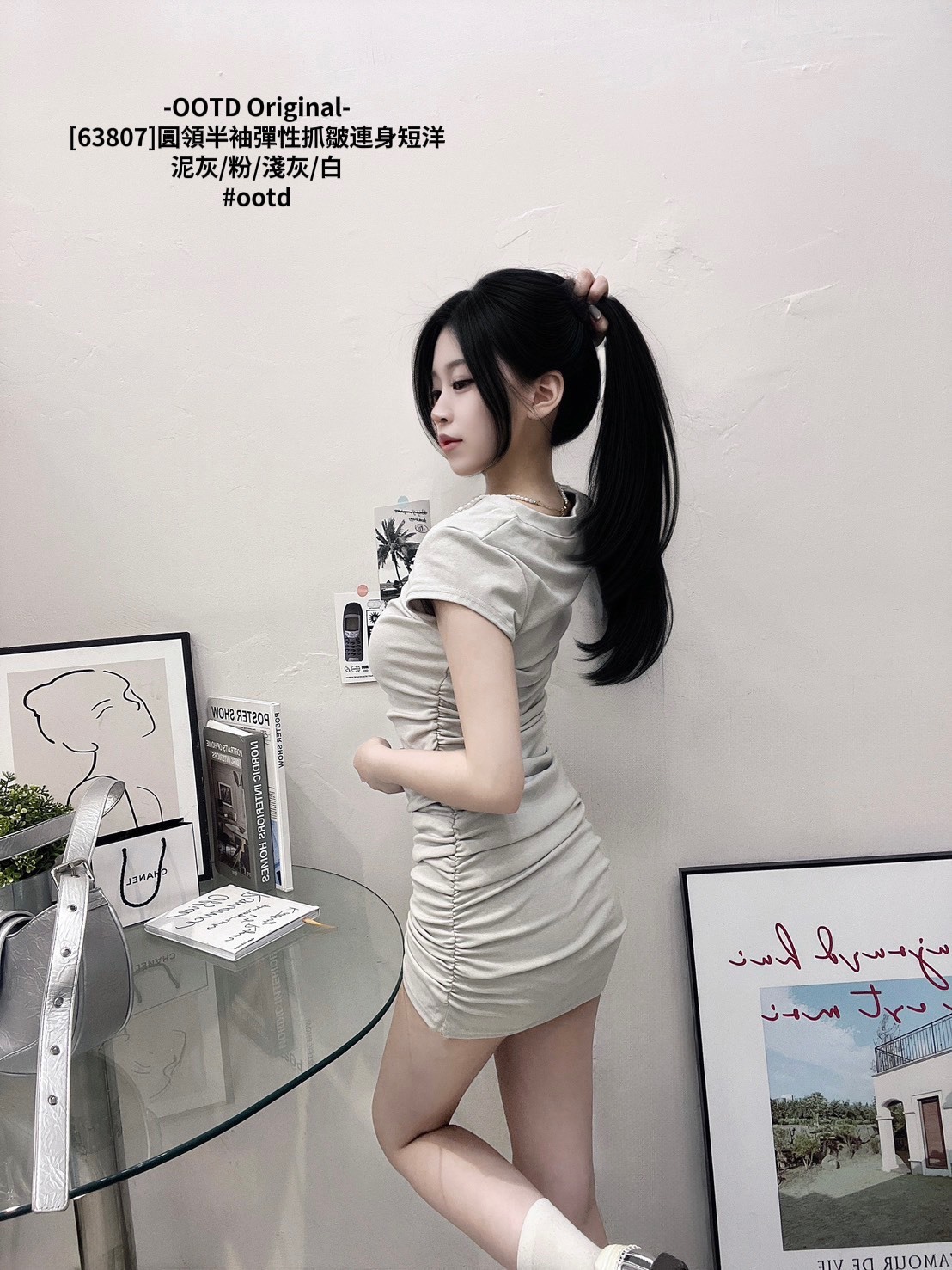 [63807]圓領半袖彈性抓皺連身短洋 (6)