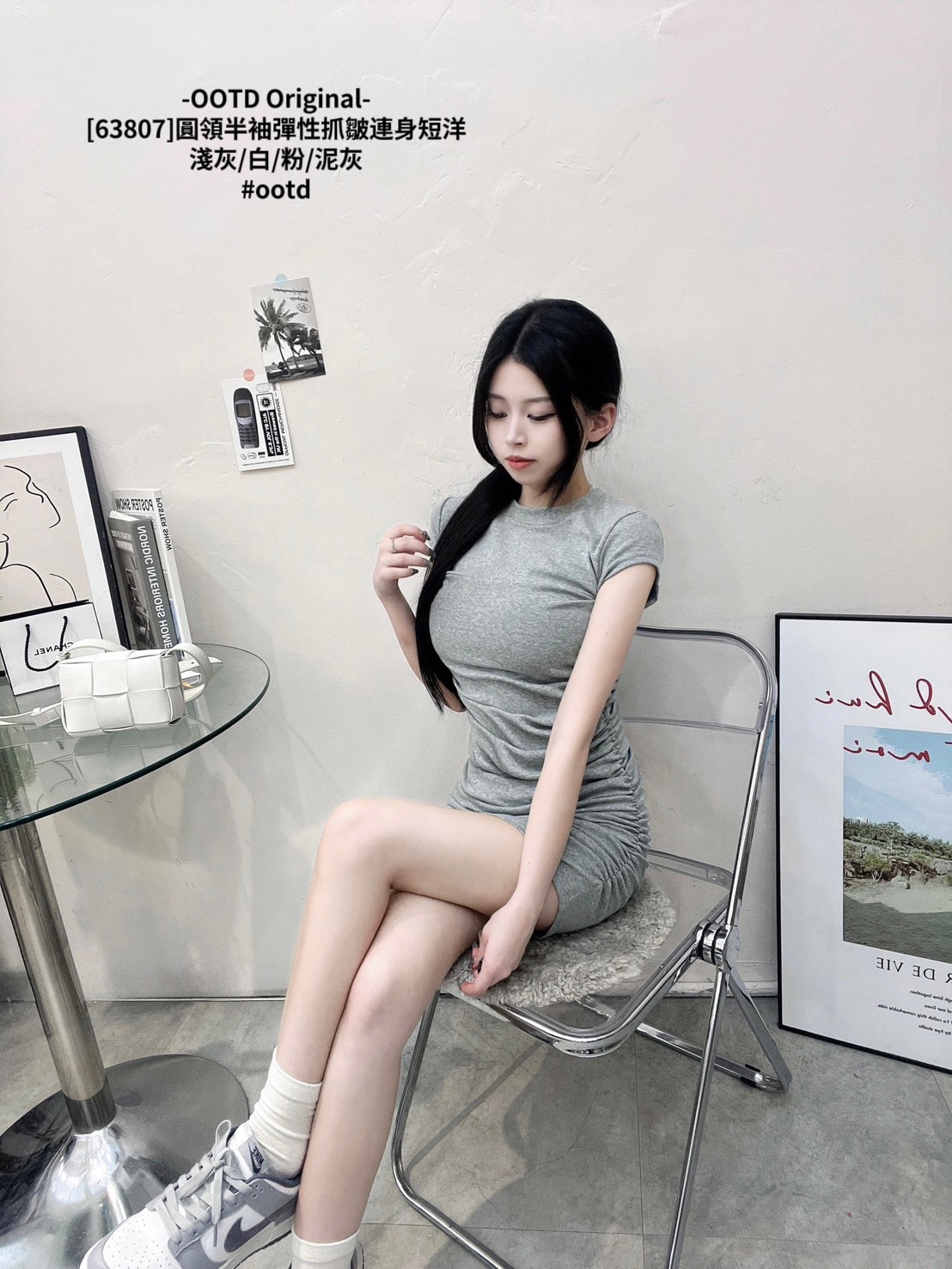 [63807]圓領半袖彈性抓皺連身短洋 (7)