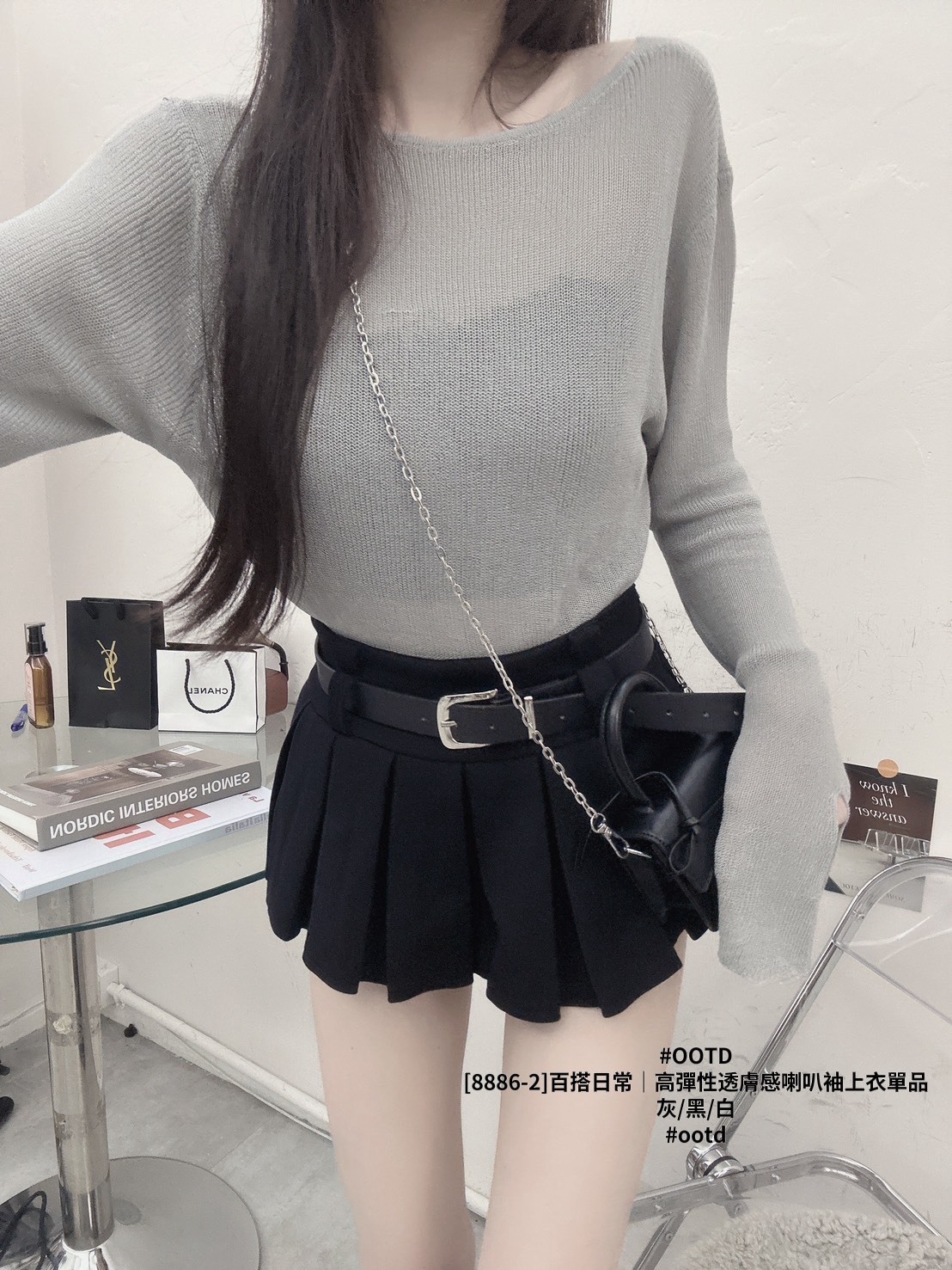 [8886-2]百搭日常｜高彈性透膚感喇叭袖上衣單品 (3)