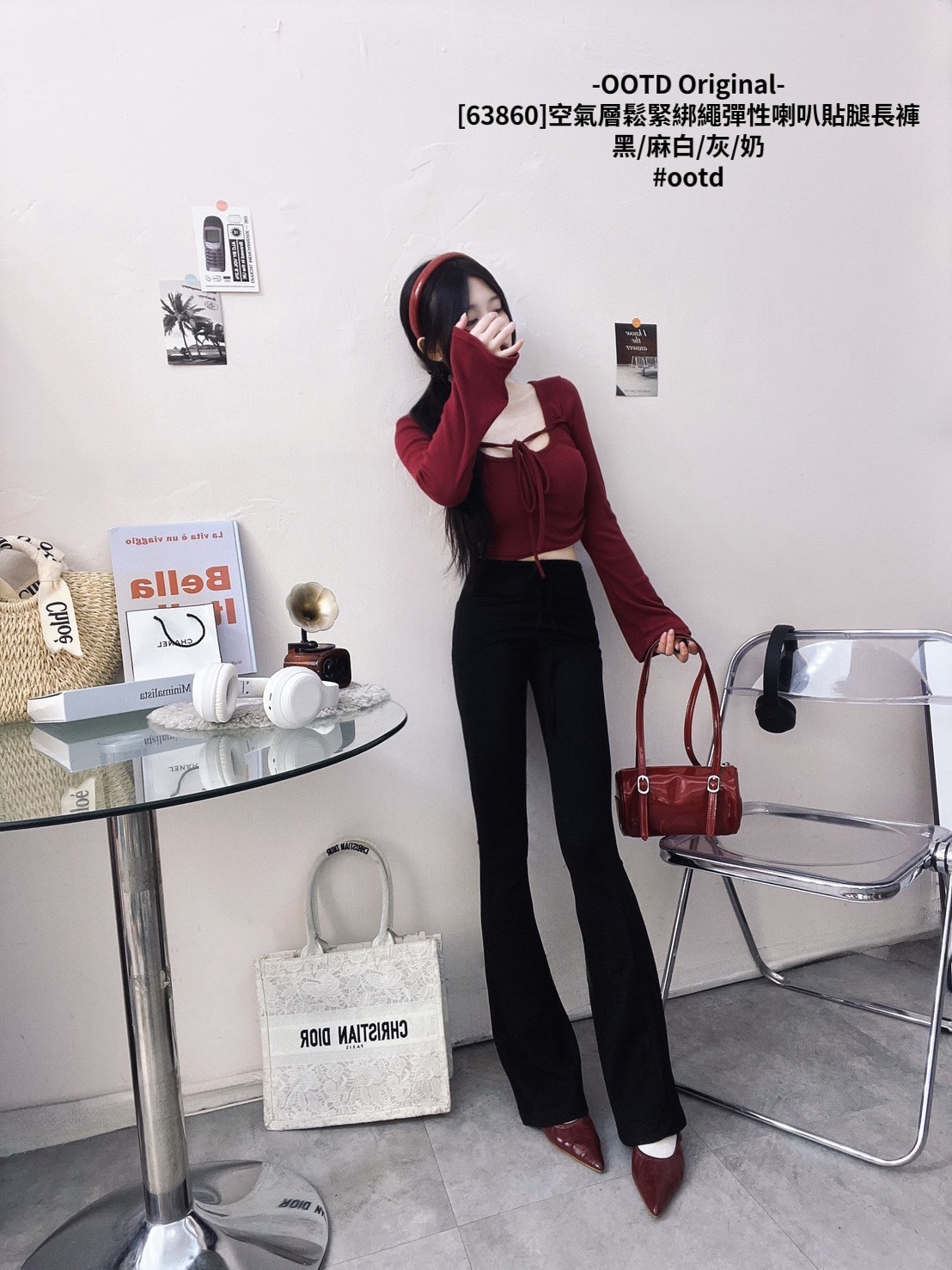 [63860]空氣層鬆緊綁繩彈性喇叭貼腿長褲 (7)