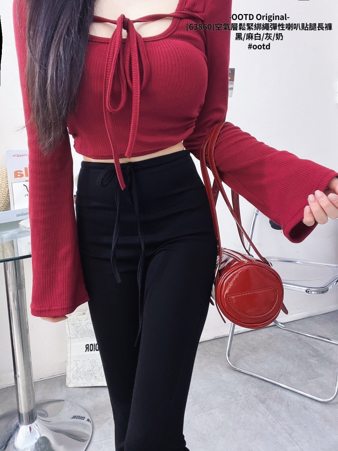 [63860]空氣層鬆緊綁繩彈性喇叭貼腿長褲 (8)