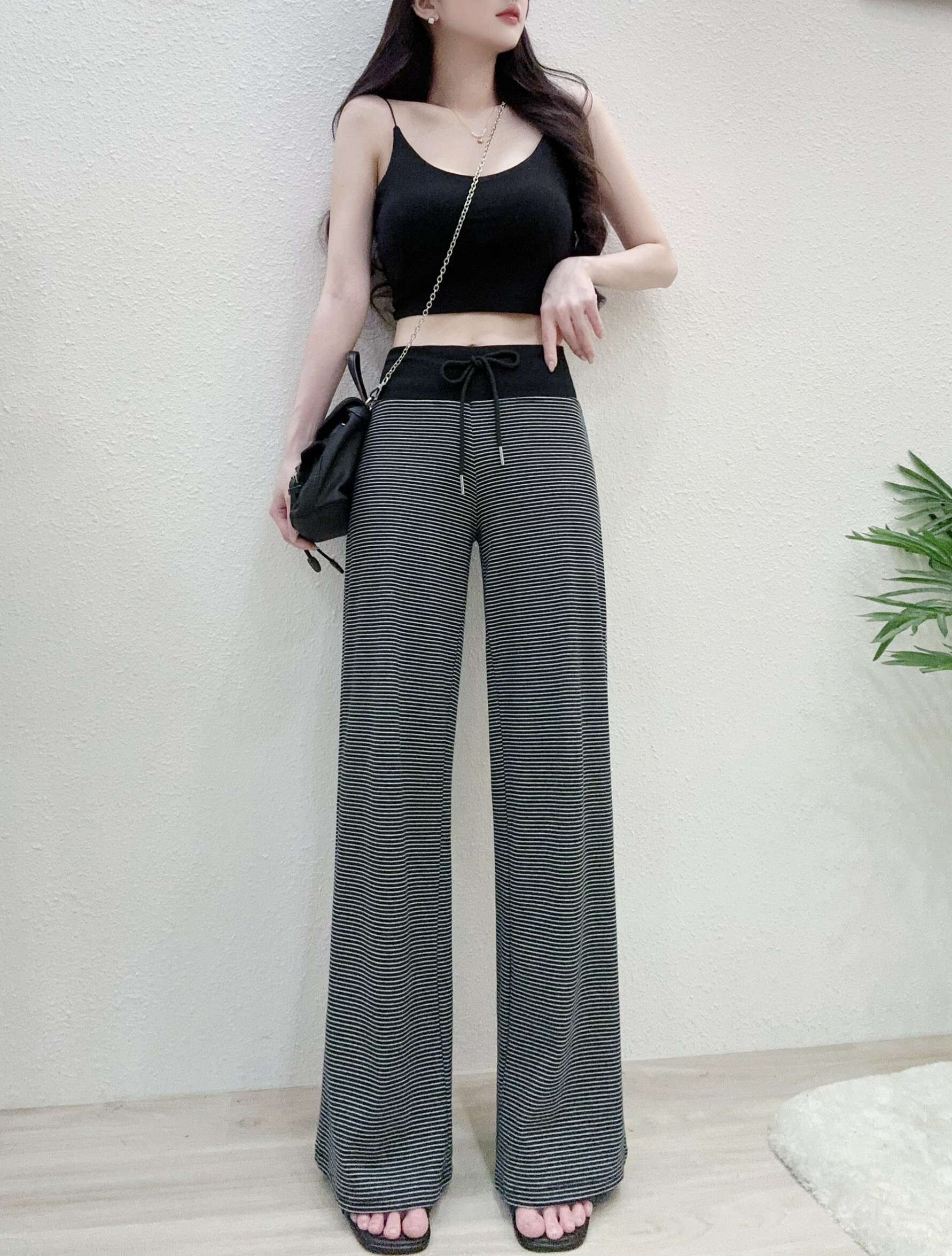 66629質感配色羅紋寬腰細條棉褲 (2)