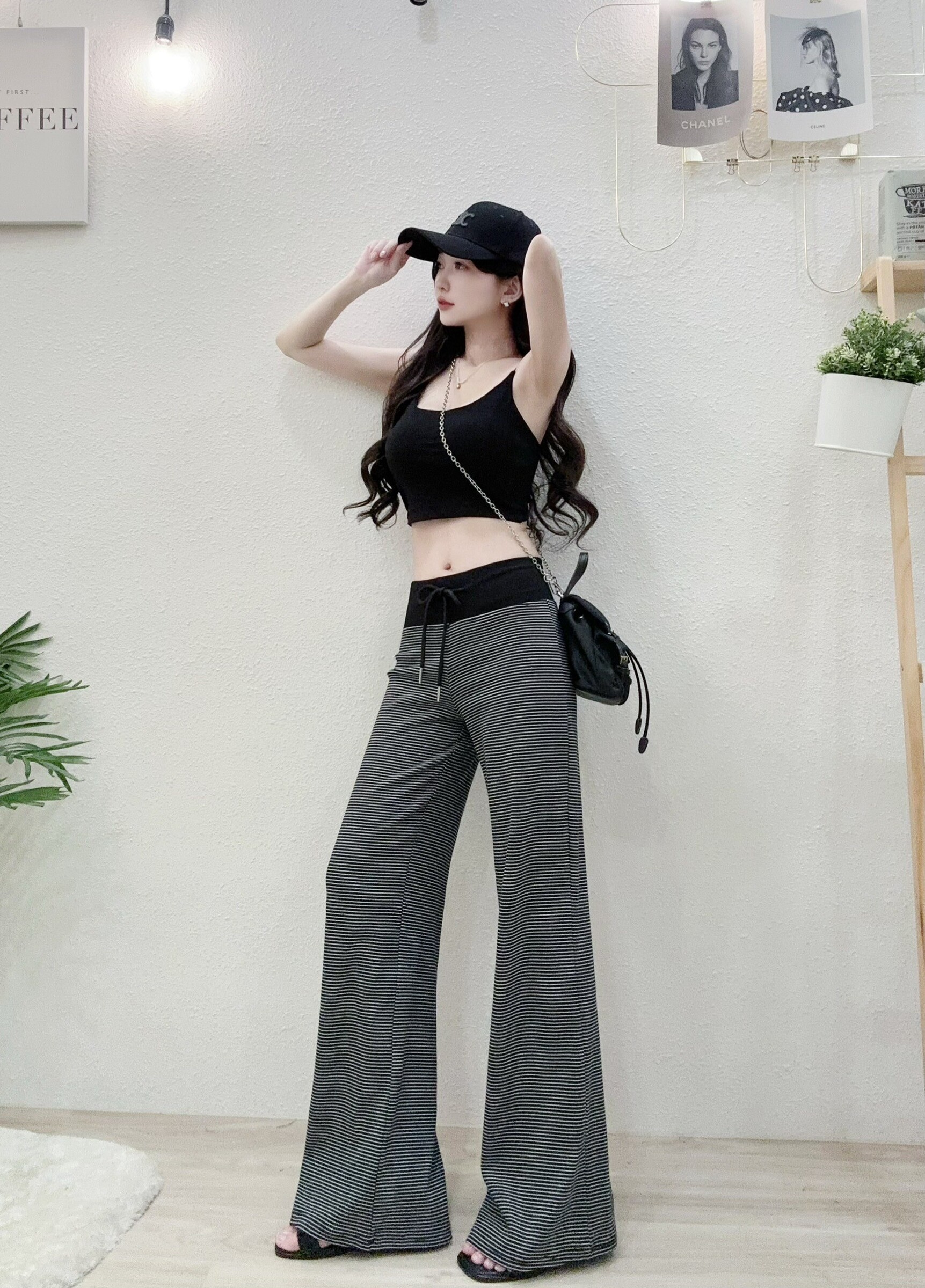 66629質感配色羅紋寬腰細條棉褲 (3)