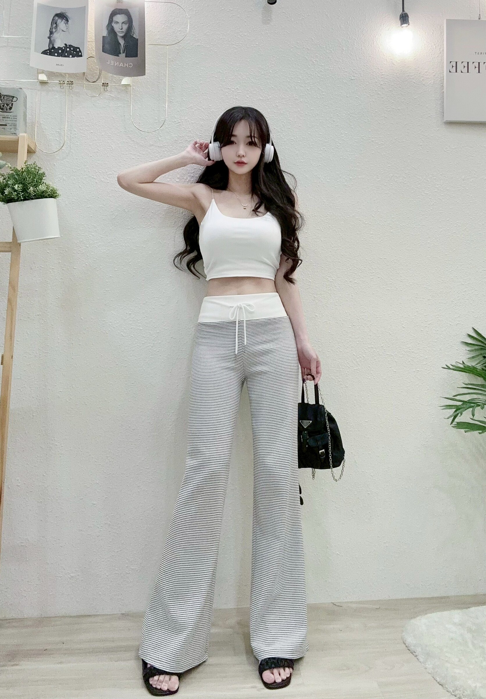 66629質感配色羅紋寬腰細條棉褲 (4)