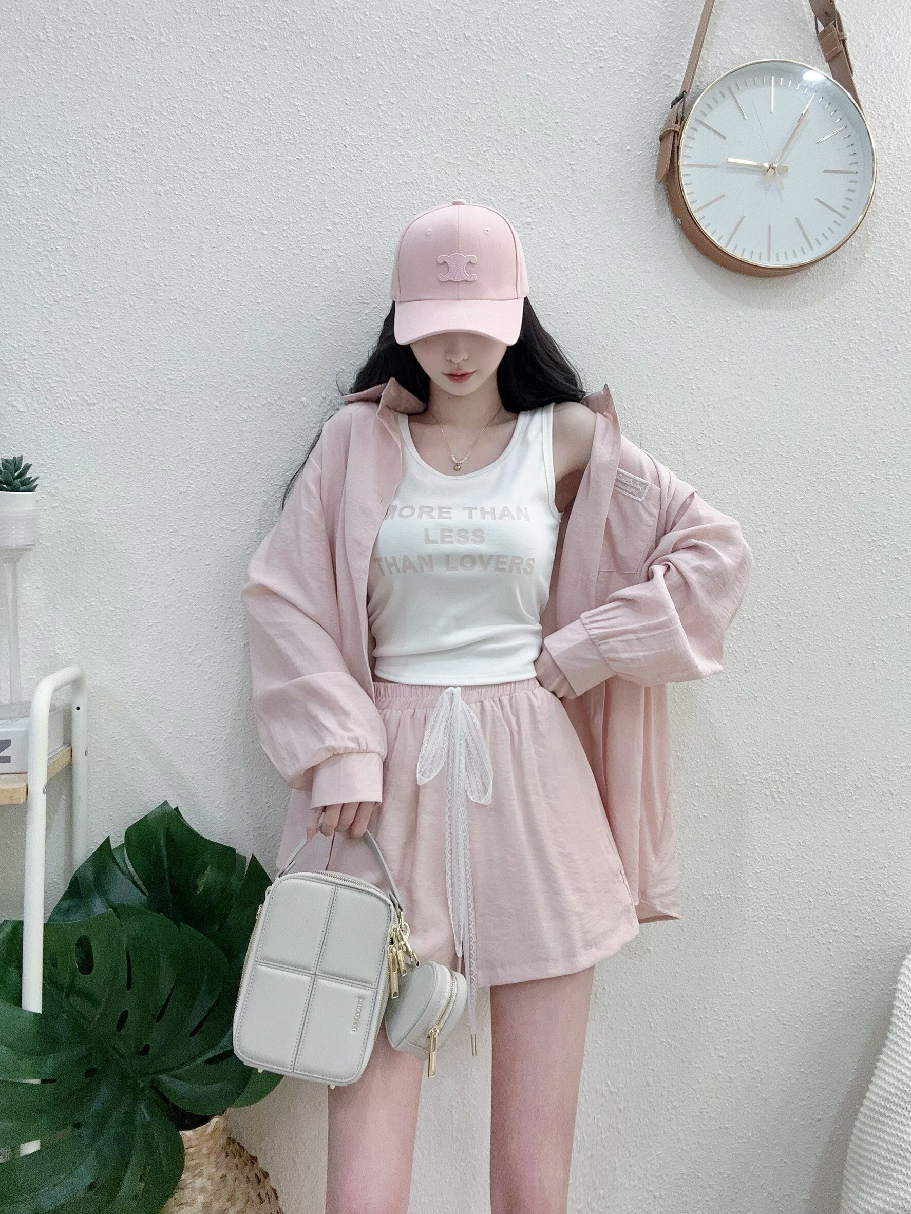 7683配色襯衫蕾絲抽繩短褲三件套 (2)