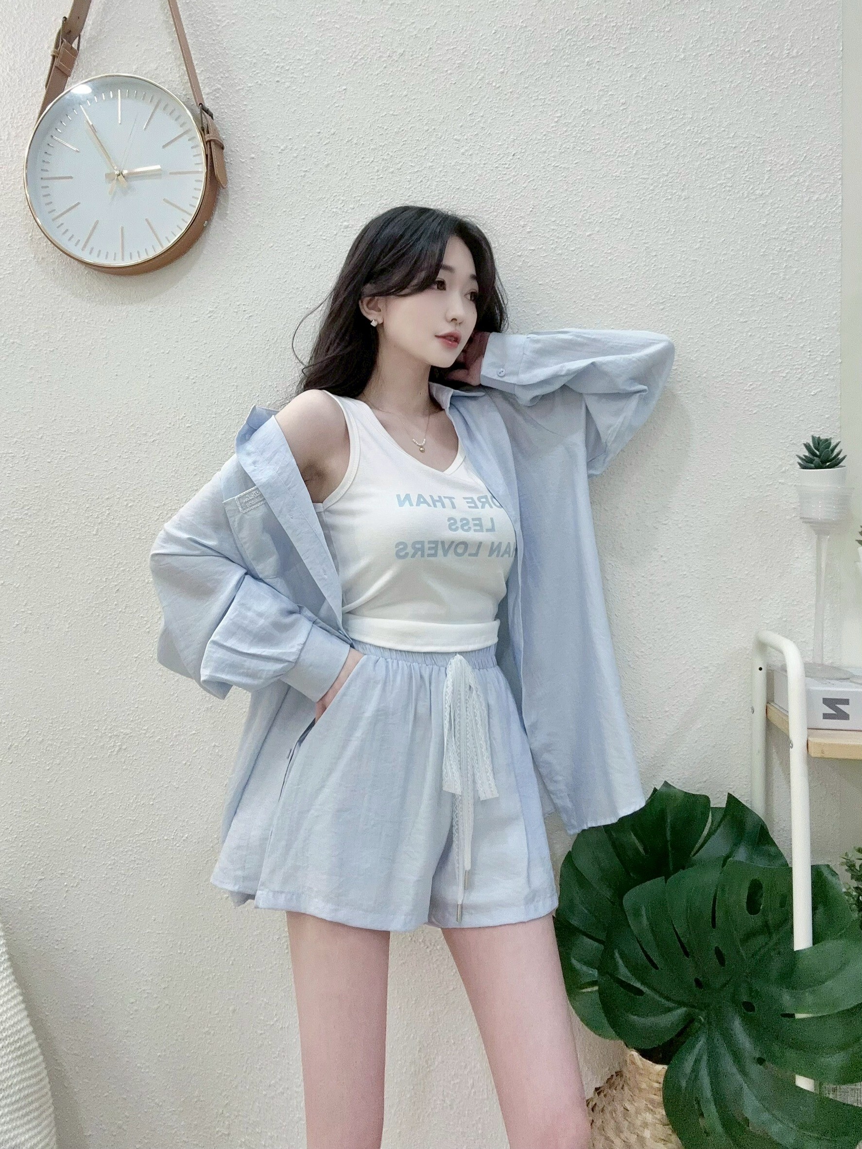 7683配色襯衫蕾絲抽繩短褲三件套 (3)