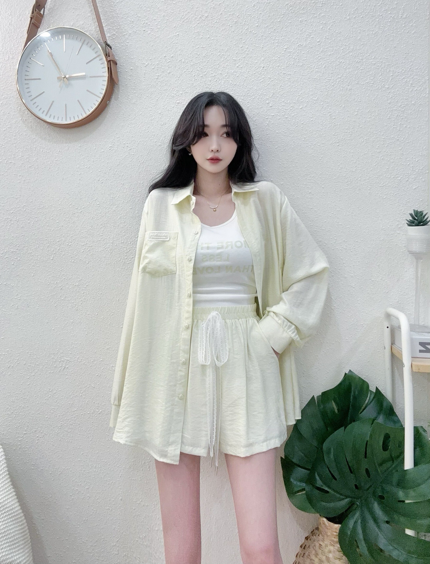 7683配色襯衫蕾絲抽繩短褲三件套 (4)