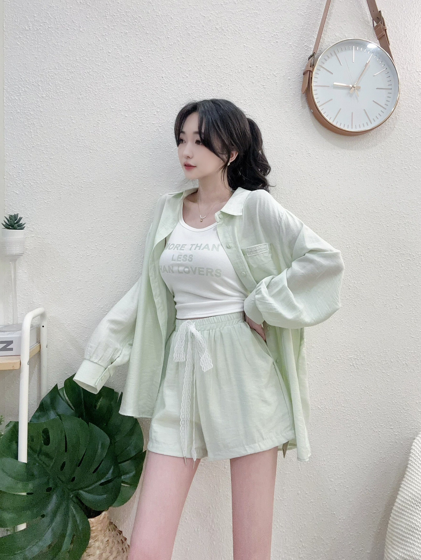 7683配色襯衫蕾絲抽繩短褲三件套 (5)