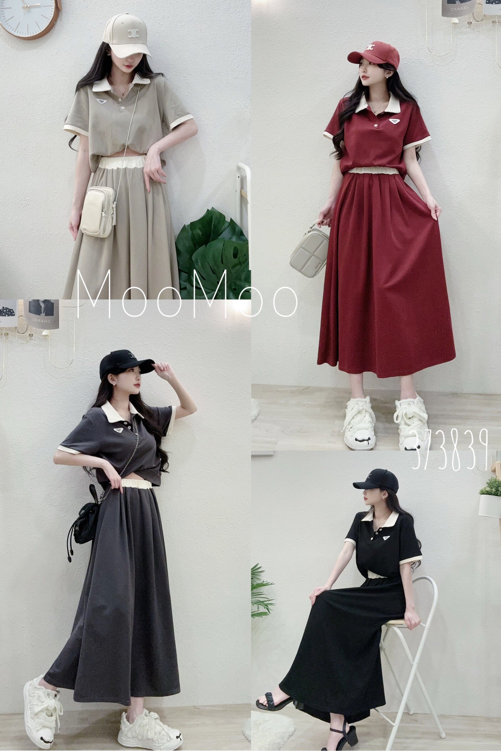 3738質感配色三角polo長裙套裝