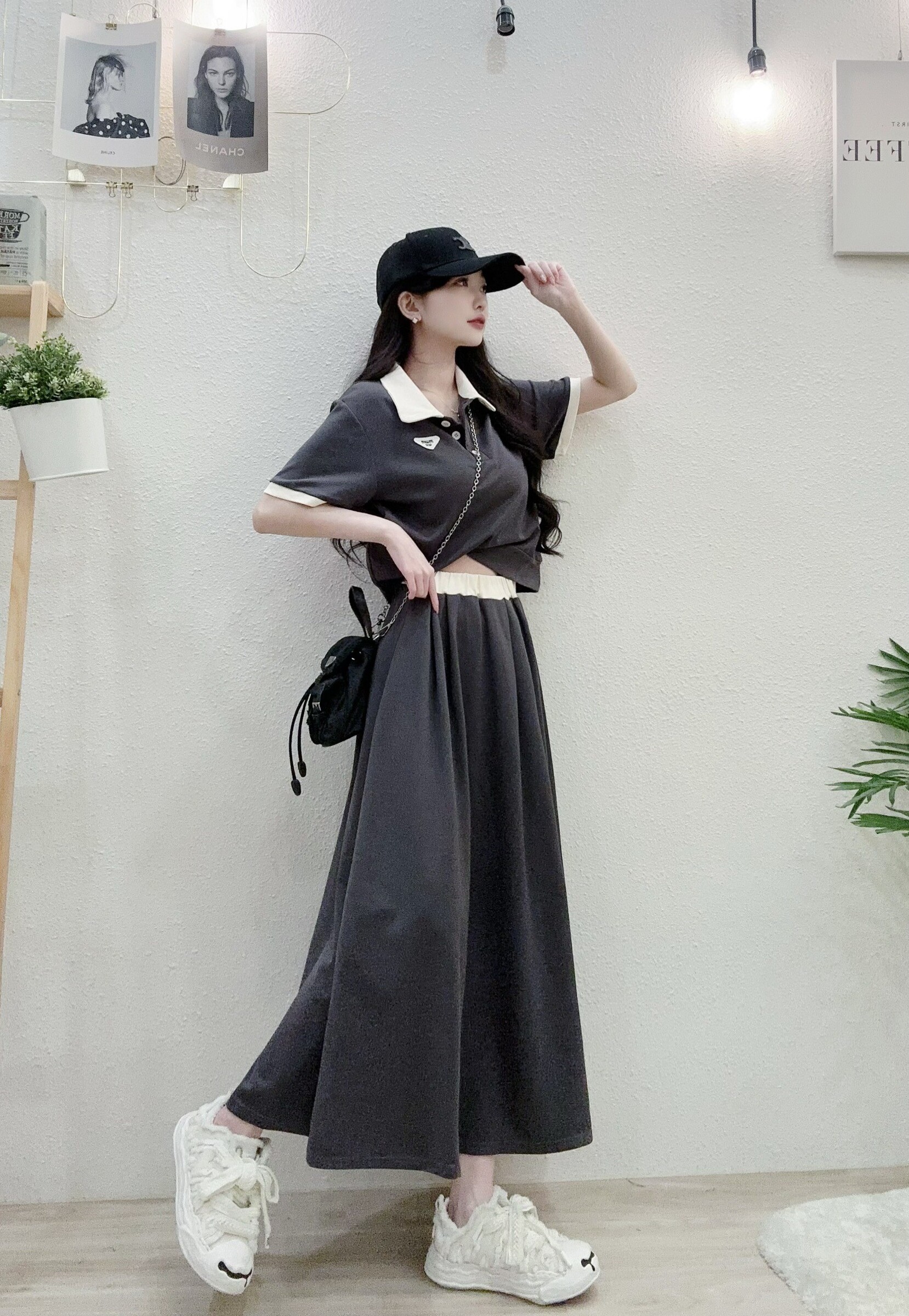 3738質感配色三角polo長裙套裝 (3)