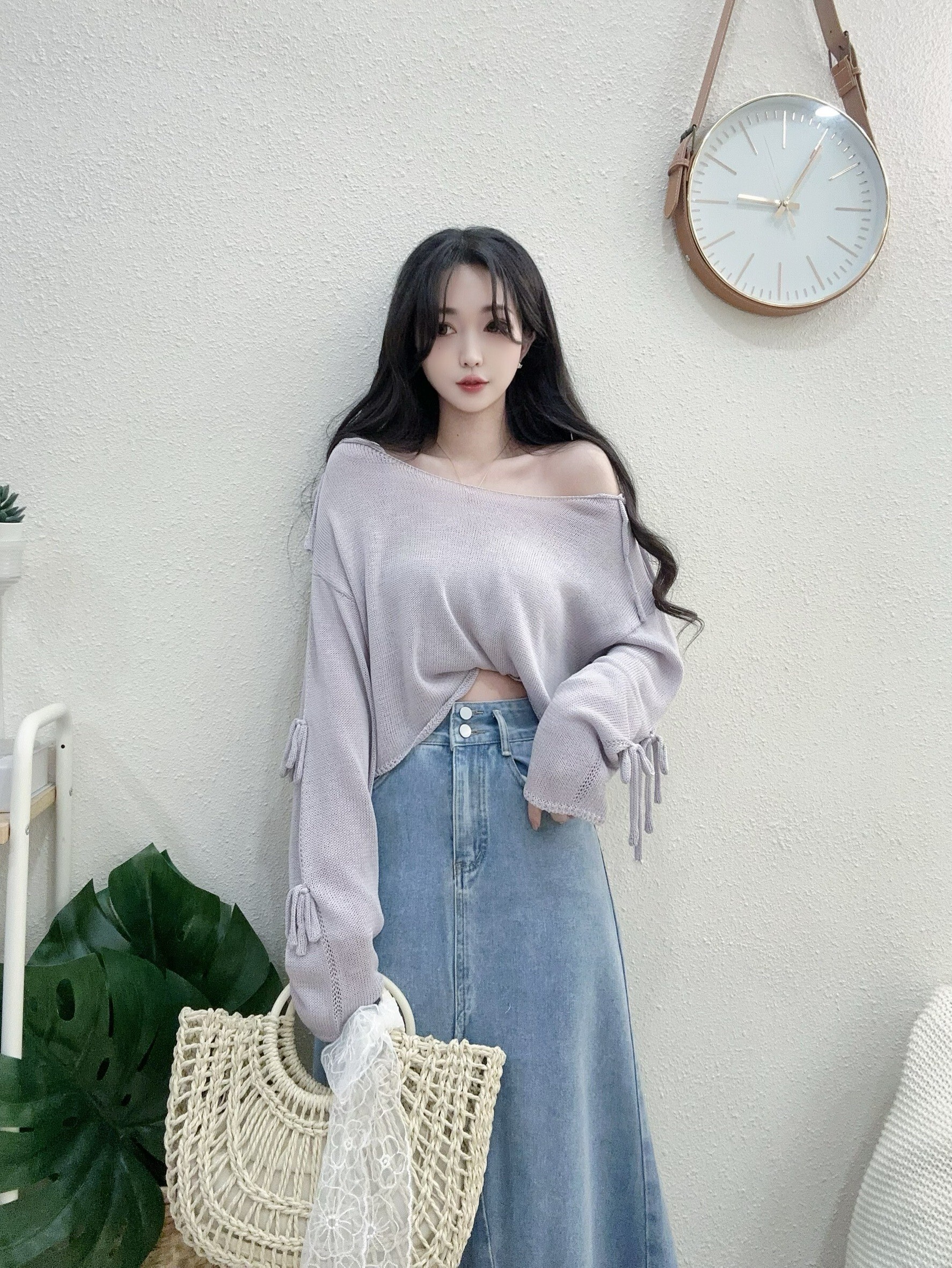 1113慵懶寬領蝴蝶結袖針織短衫 (4)