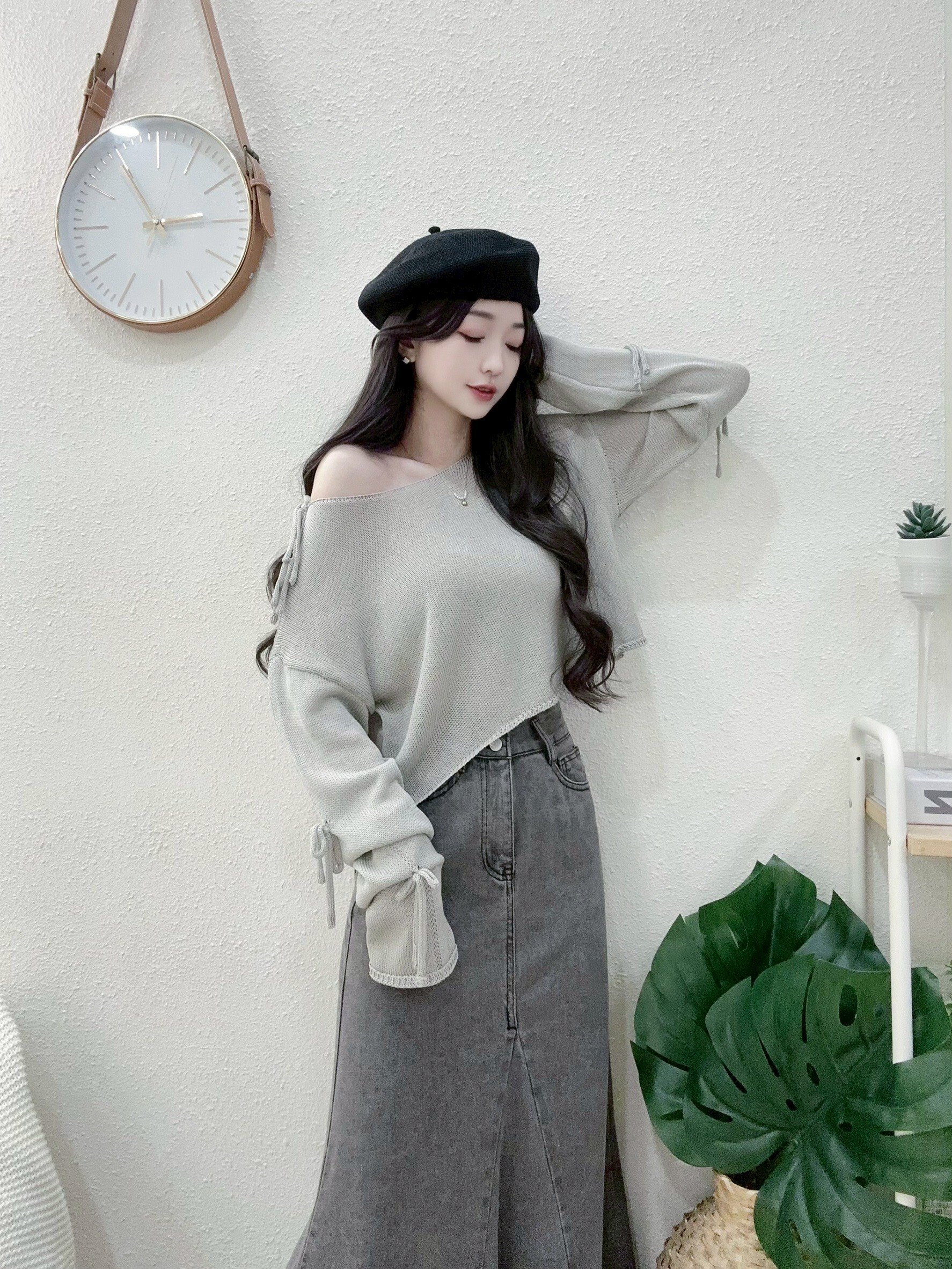 1113慵懶寬領蝴蝶結袖針織短衫 (2)