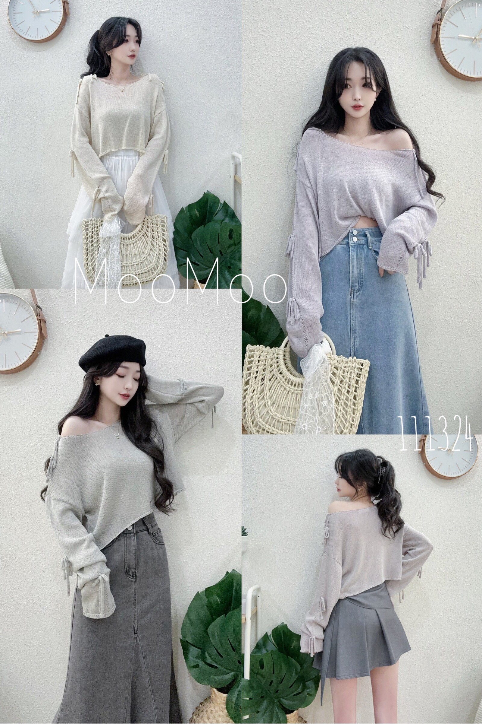 1113慵懶寬領蝴蝶結袖針織短衫