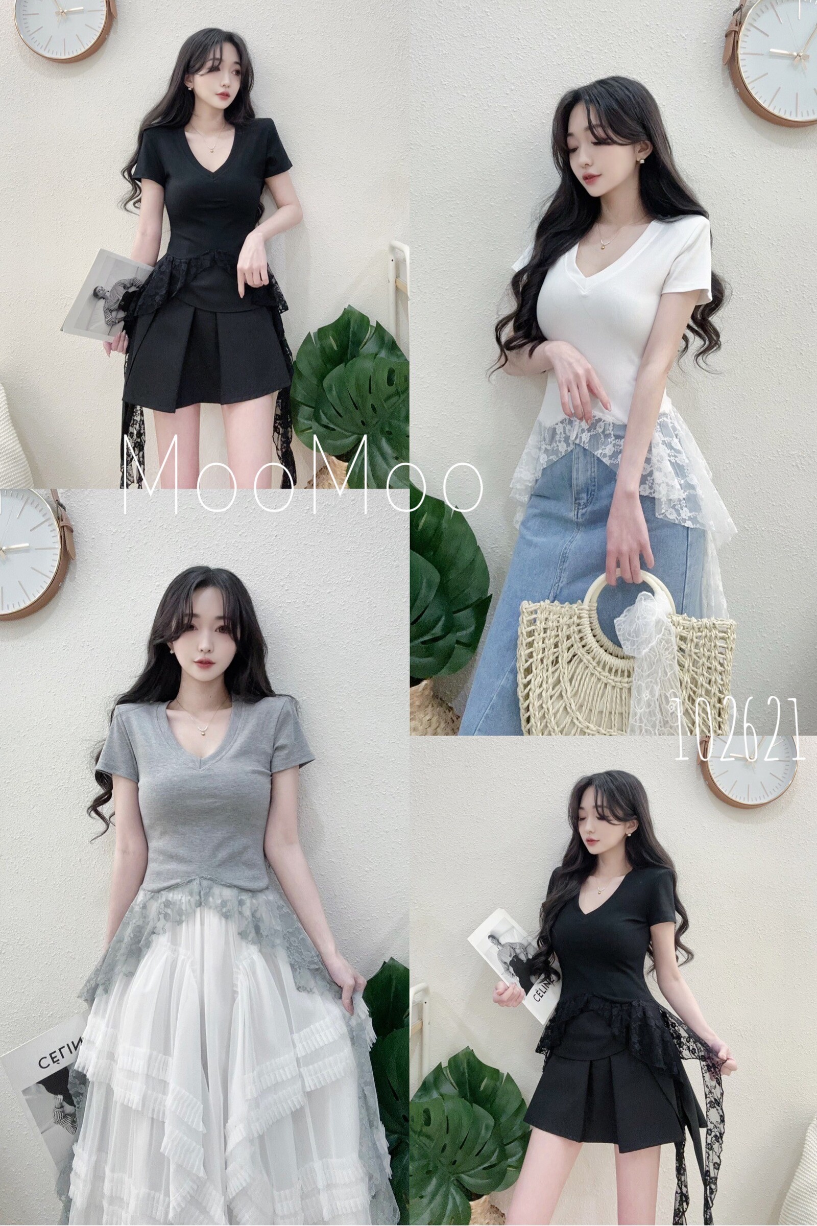 1026造型V領拼接垂擺蕾絲上衣