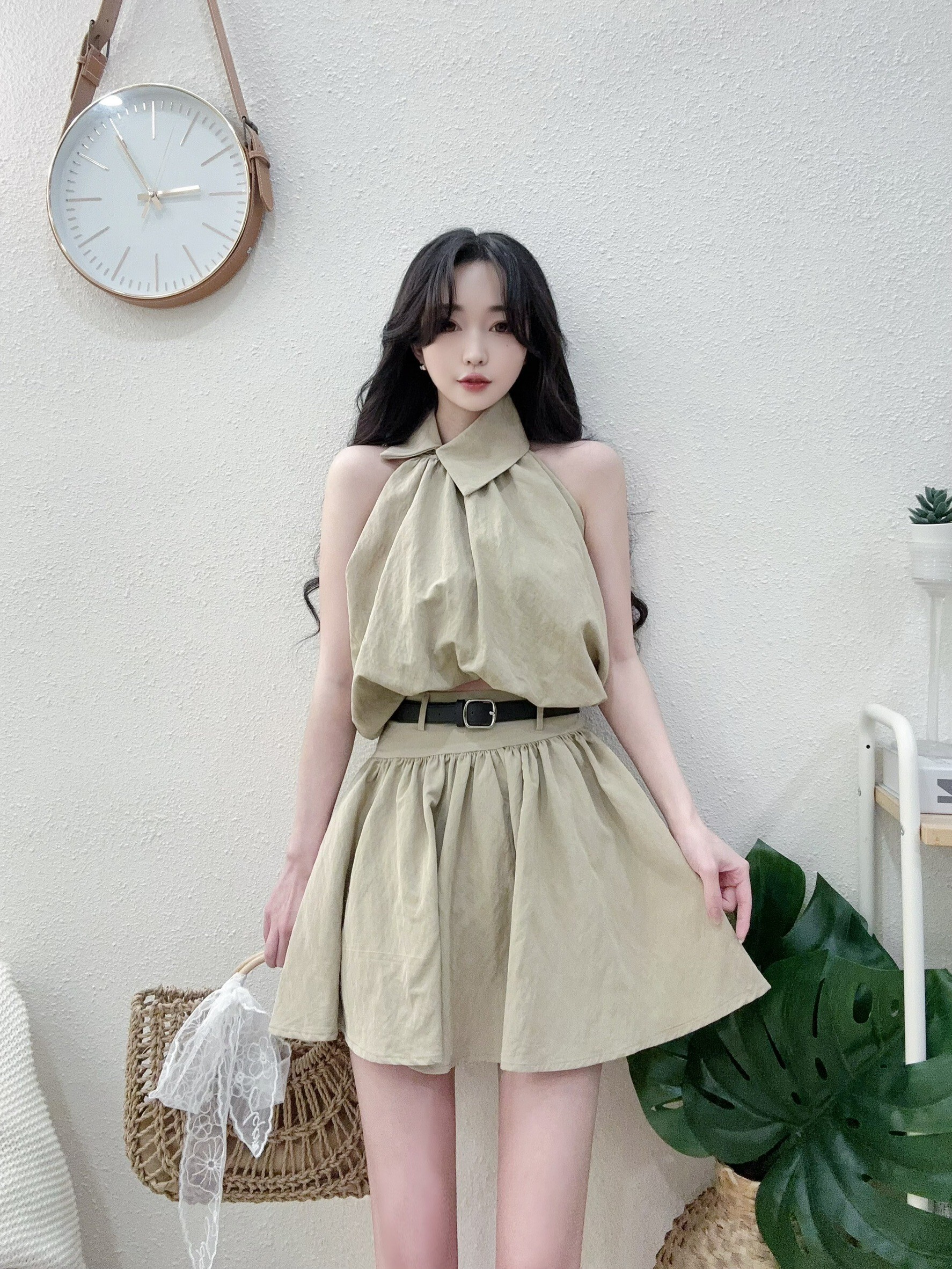 613韓系翻領背心皮帶褲裙三件套