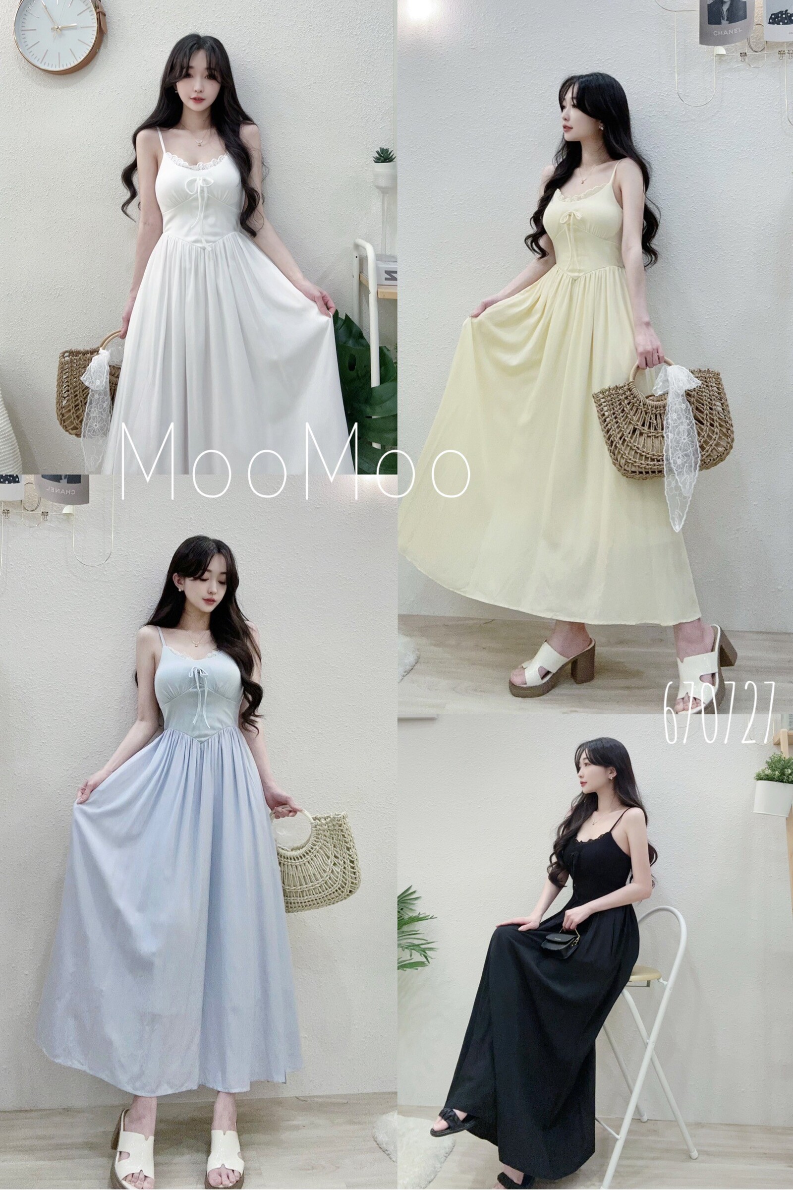 6707夏日細肩滾LS鬆緊收腰長洋