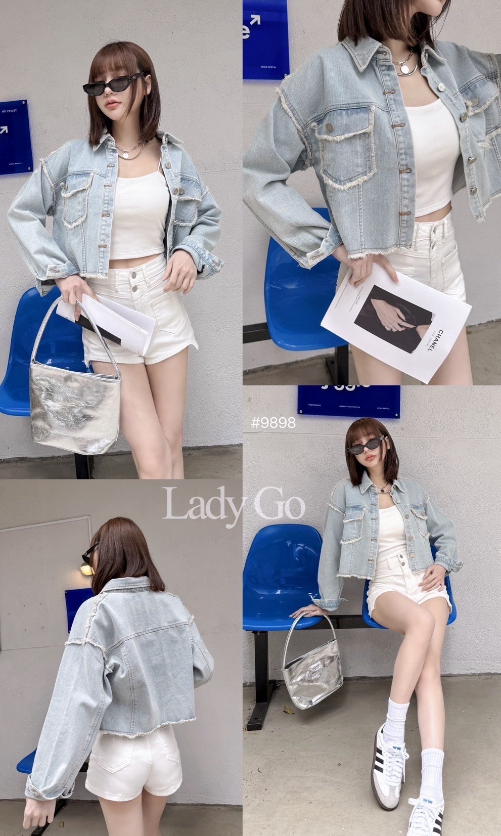 9898 訂製款-造型鬚邊口袋水洗短版牛仔外