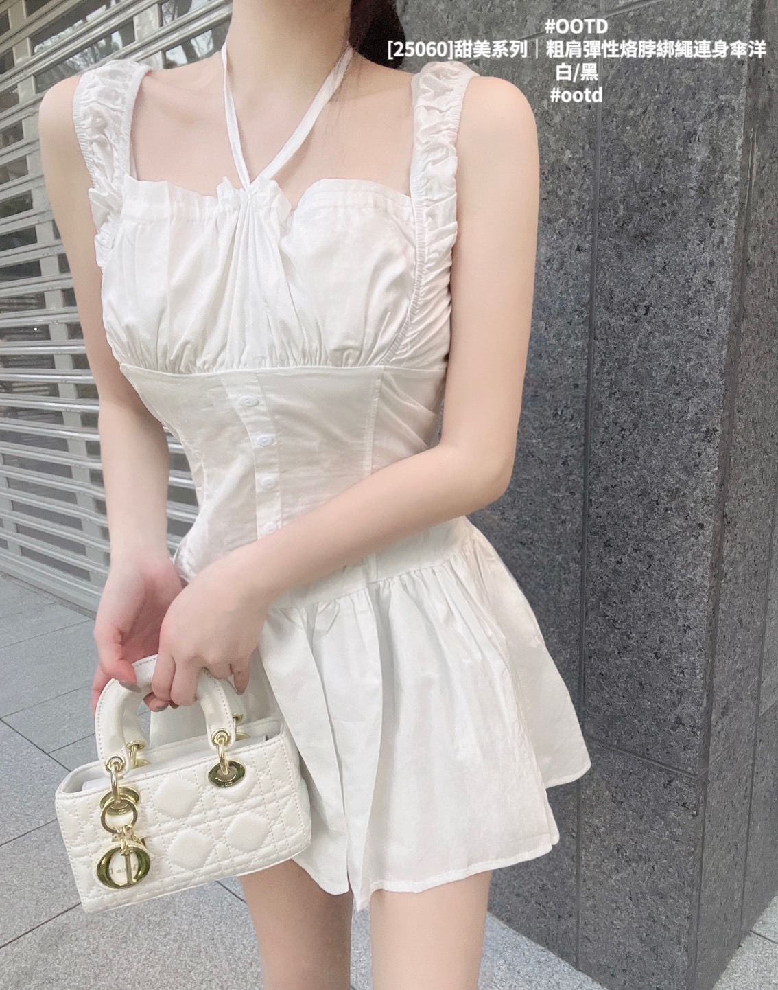 [25060]甜美系列｜粗肩彈性烙脖綁繩連身傘洋 (7)