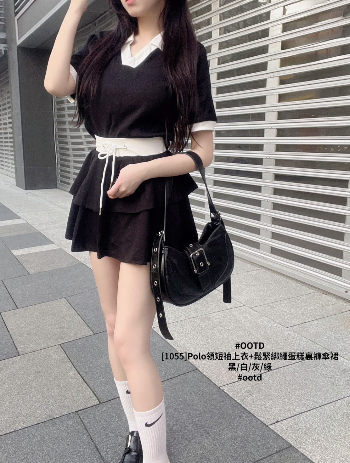 [1055]Polo領短袖上衣+鬆緊綁繩蛋糕裏褲傘裙 (7)