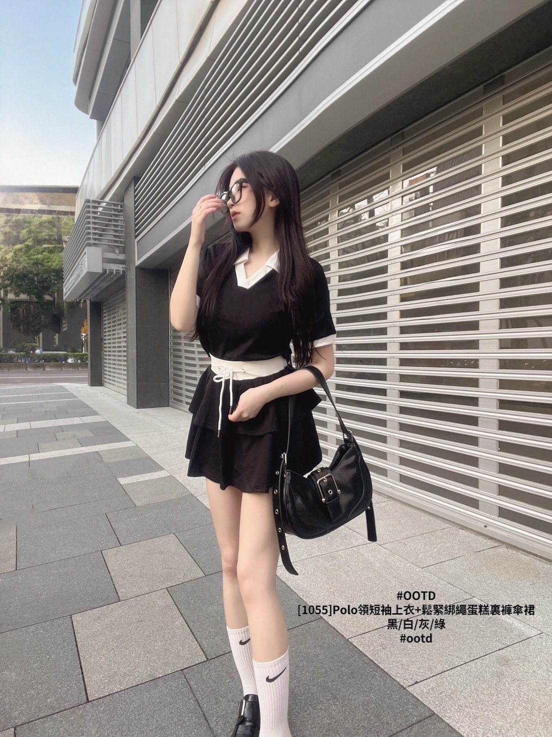 [1055]Polo領短袖上衣+鬆緊綁繩蛋糕裏褲傘裙 (8)