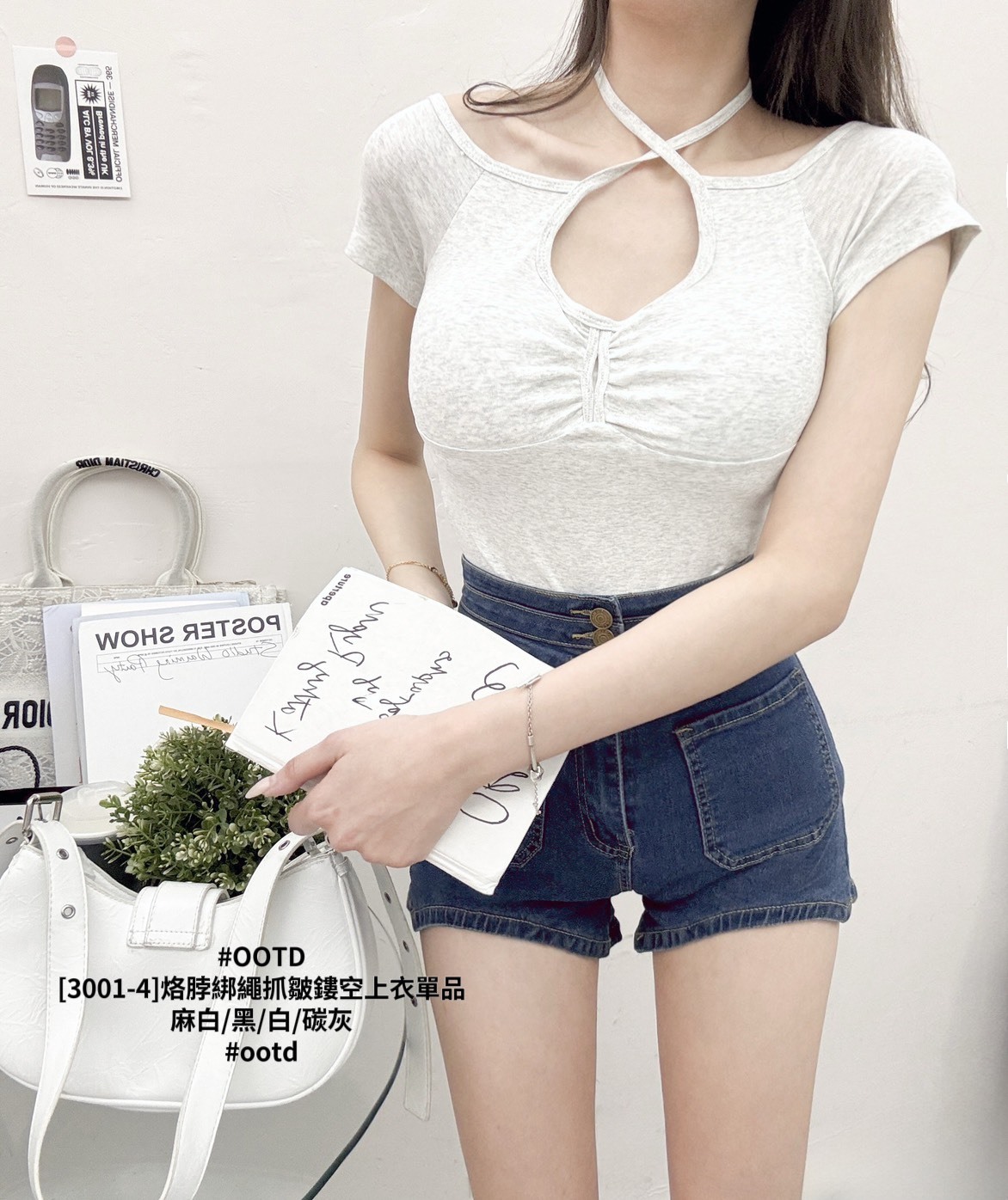 [3001-4]烙脖綁繩抓皺鏤空上衣單品 (4)