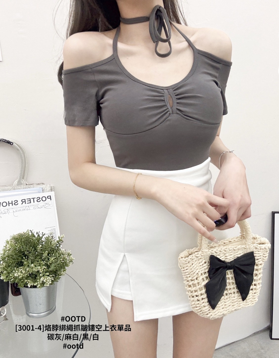 [3001-4]烙脖綁繩抓皺鏤空上衣單品 (5)