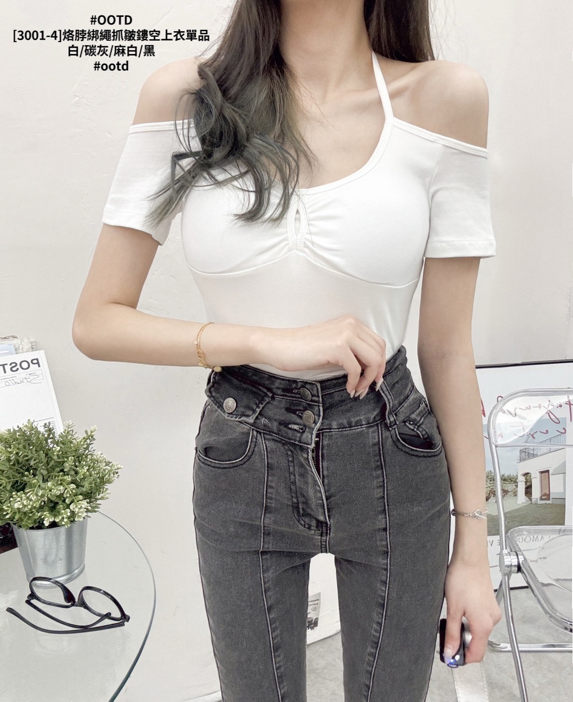 [3001-4]烙脖綁繩抓皺鏤空上衣單品 (2)