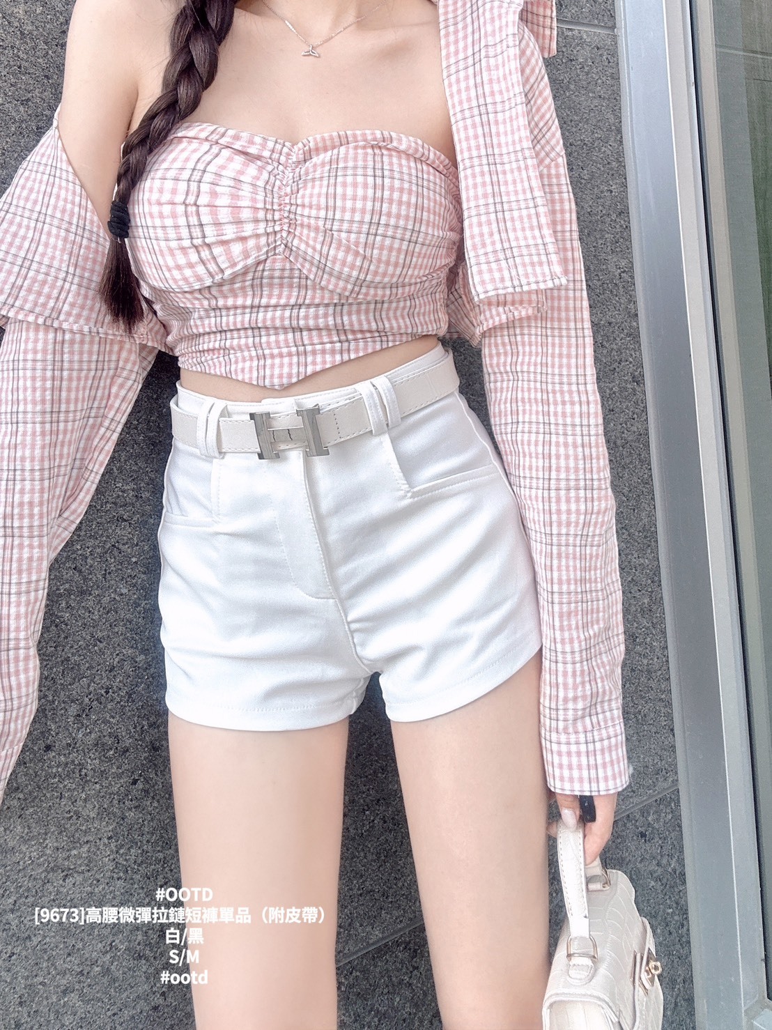 [9673]高腰微彈拉鏈短褲單品（附皮帶） (2)