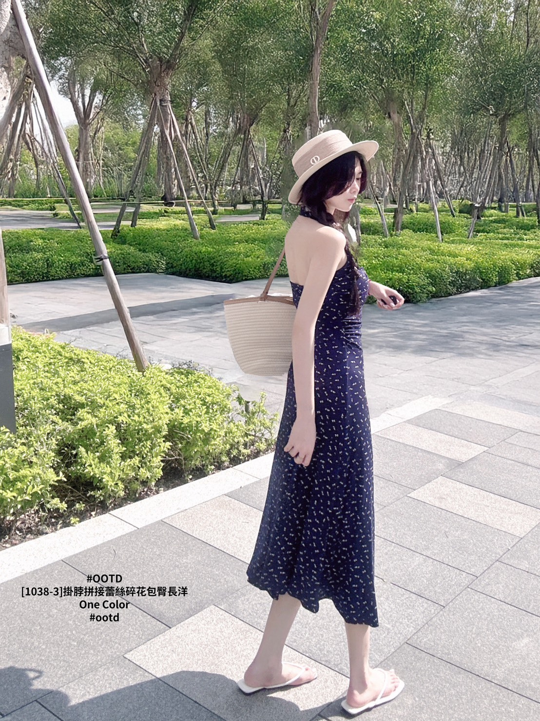 [1038-3]掛脖拼接蕾絲碎花包臀長洋 (4)
