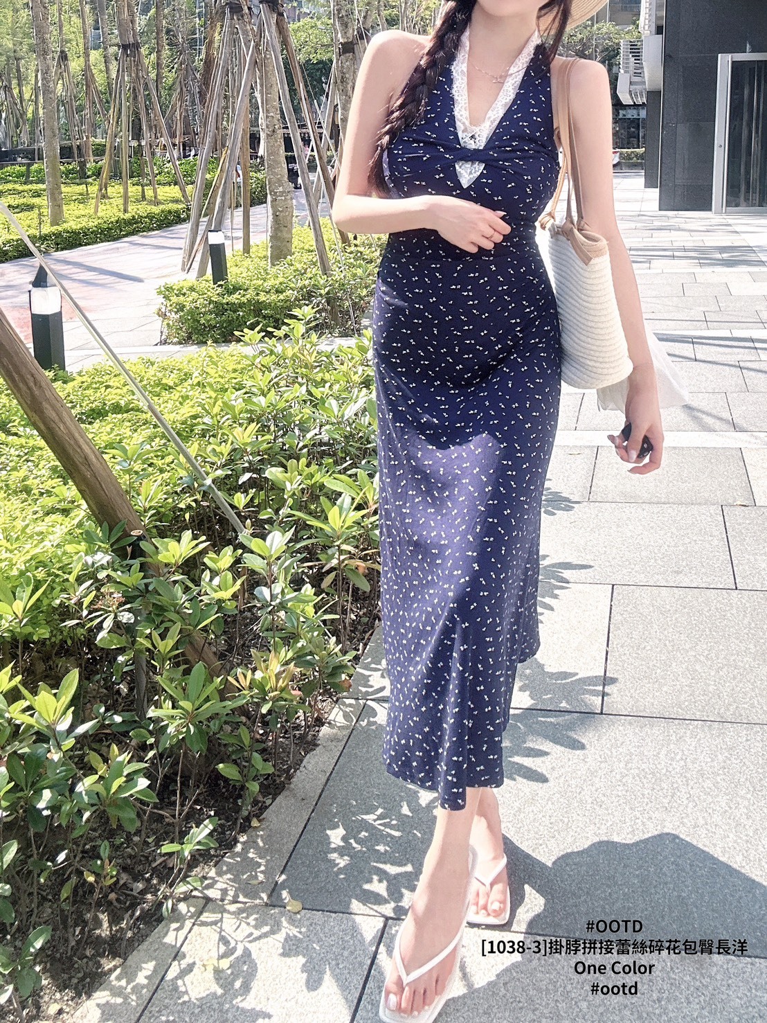 [1038-3]掛脖拼接蕾絲碎花包臀長洋 (2)