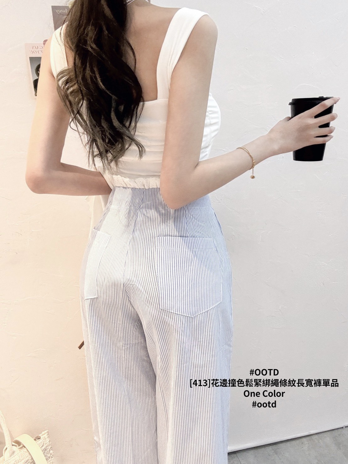[413]花邊撞色鬆緊綁繩條紋長寬褲單品 (4)