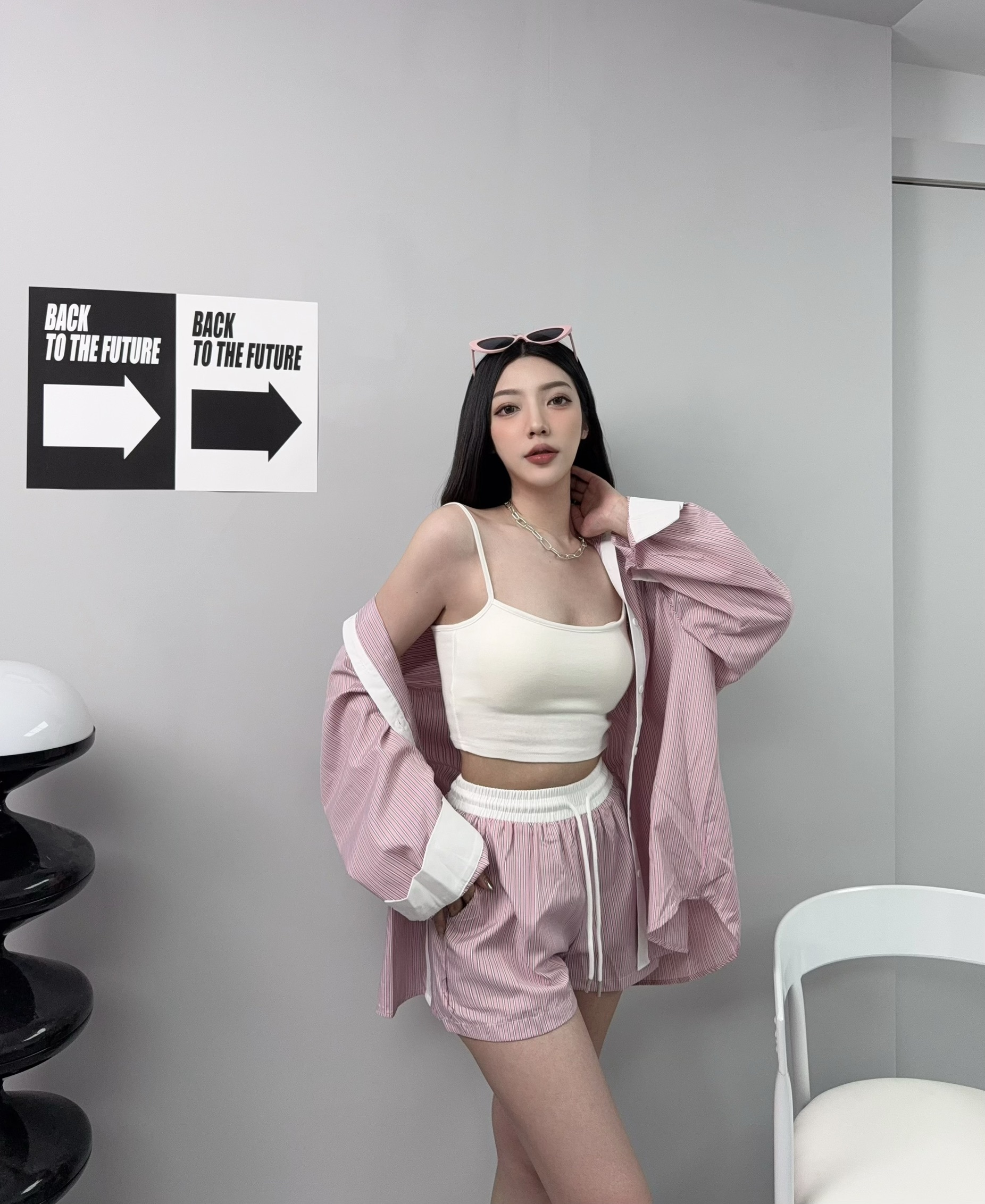 8856『選品』韓系撞色直條紋襯衫套裝