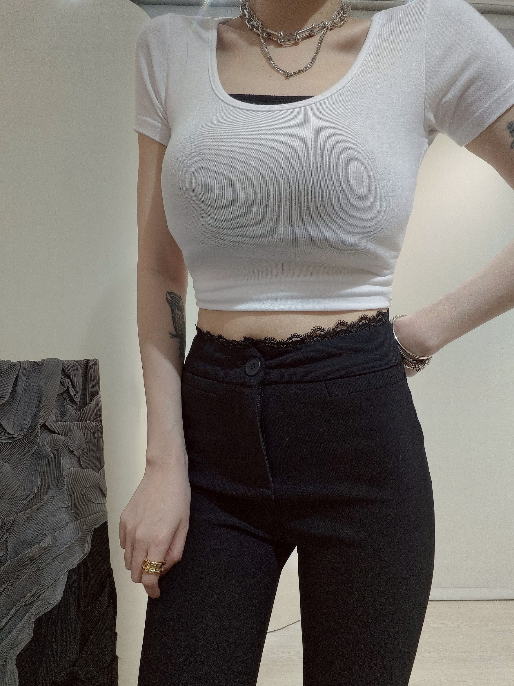 #9926蕾絲小花邊西料微喇褲 (6)