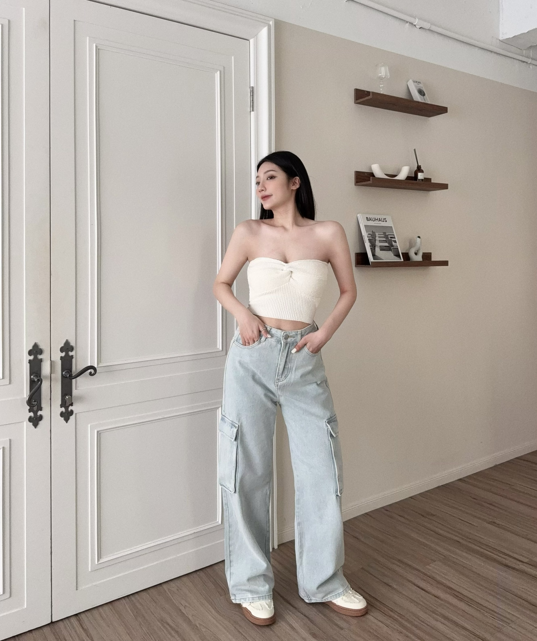 #8726『選品』工裝寬鬆淺色牛仔長褲