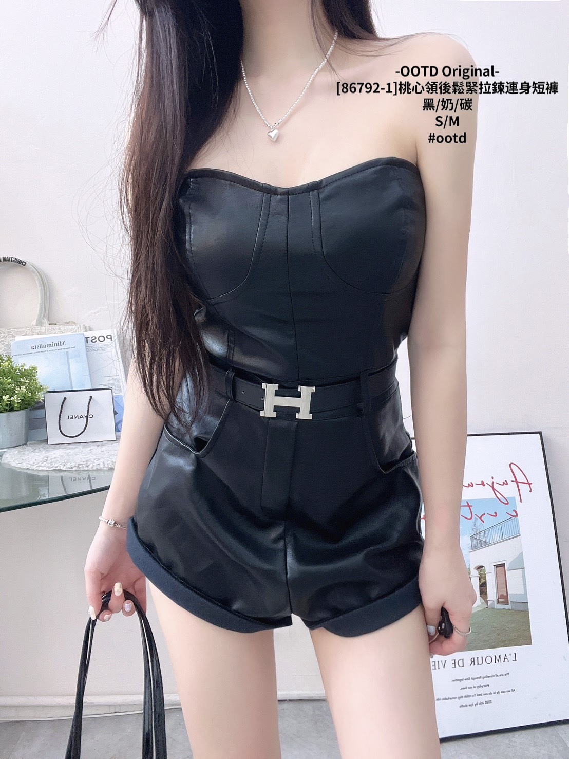 [86792-1]桃心領後鬆緊拉鍊連身短褲 (5)