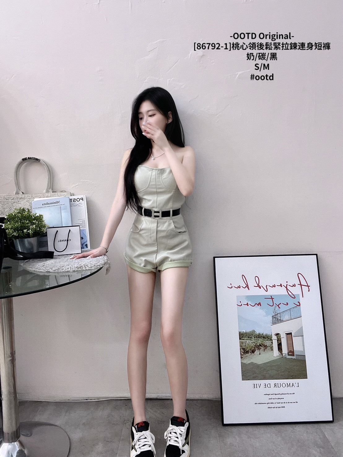 [86792-1]桃心領後鬆緊拉鍊連身短褲
