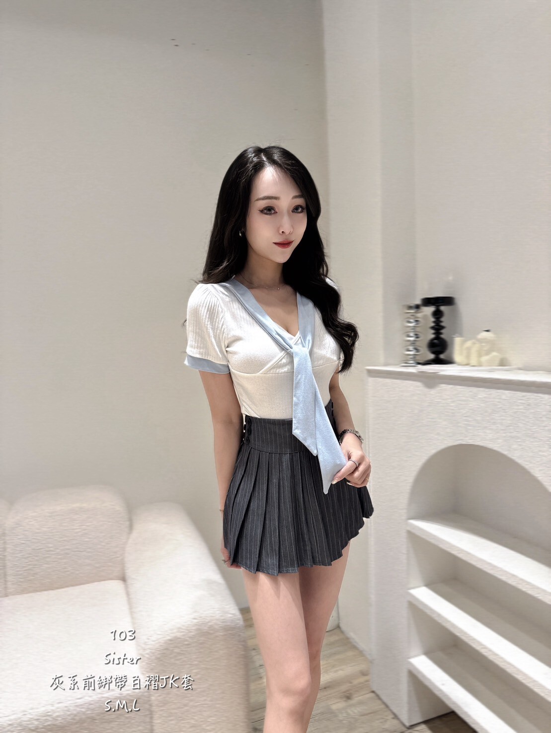 103灰系前綁帶百褶JK套 (4)