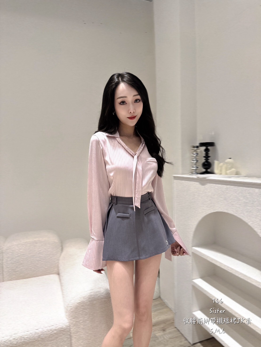 166收腰前綁帶襯短裙JK套 (3)