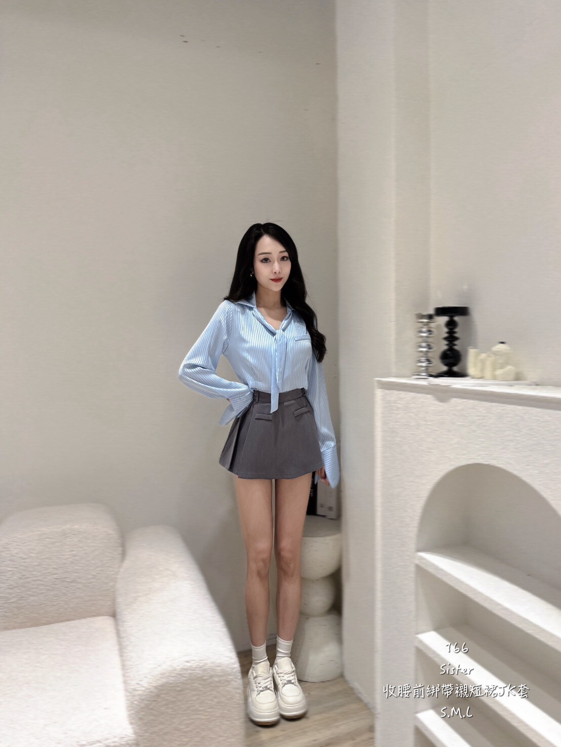 166收腰前綁帶襯短裙JK套 (2)