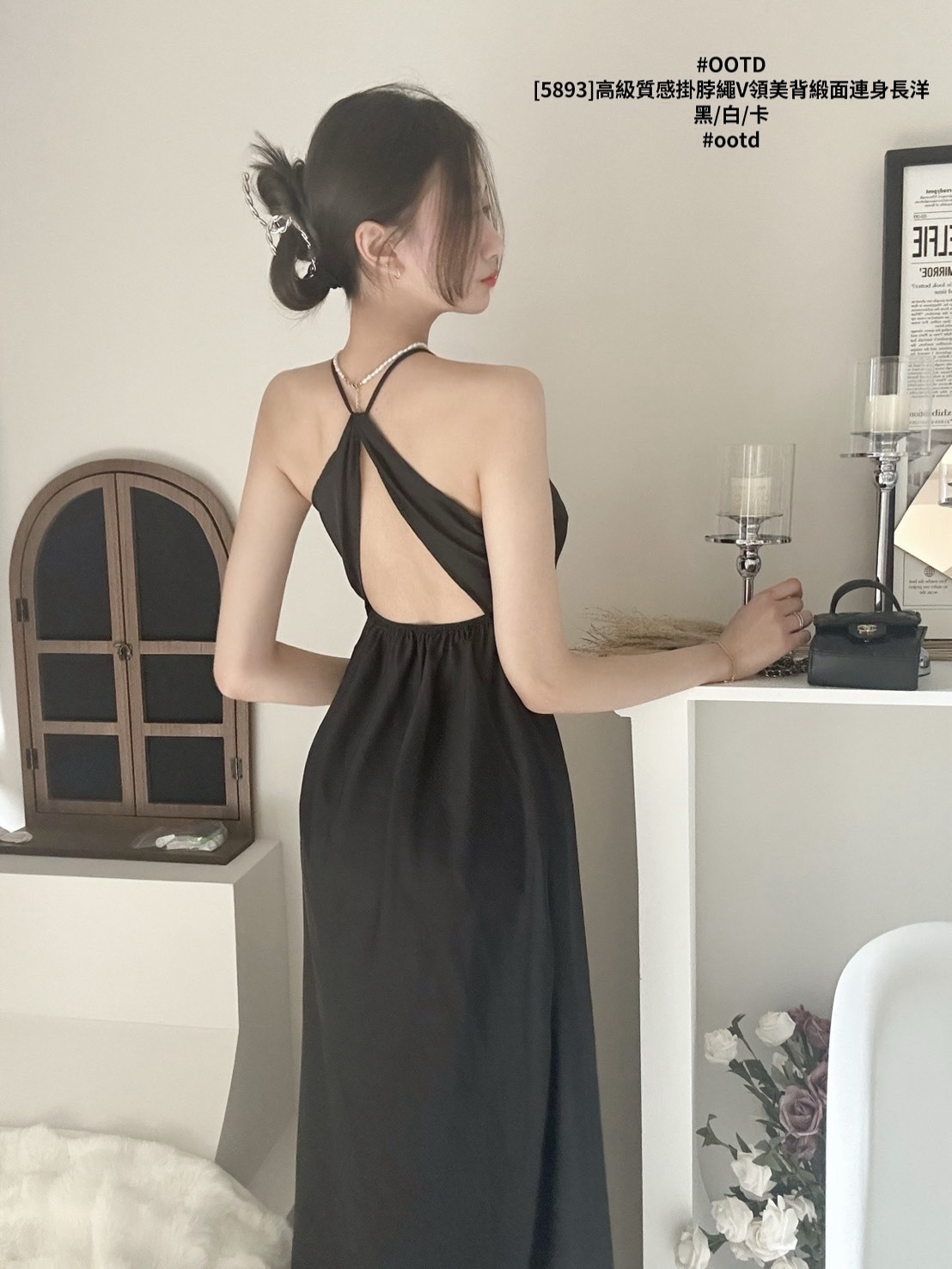 [5893]高級質感掛脖繩V領美背緞面連身長洋 (9)