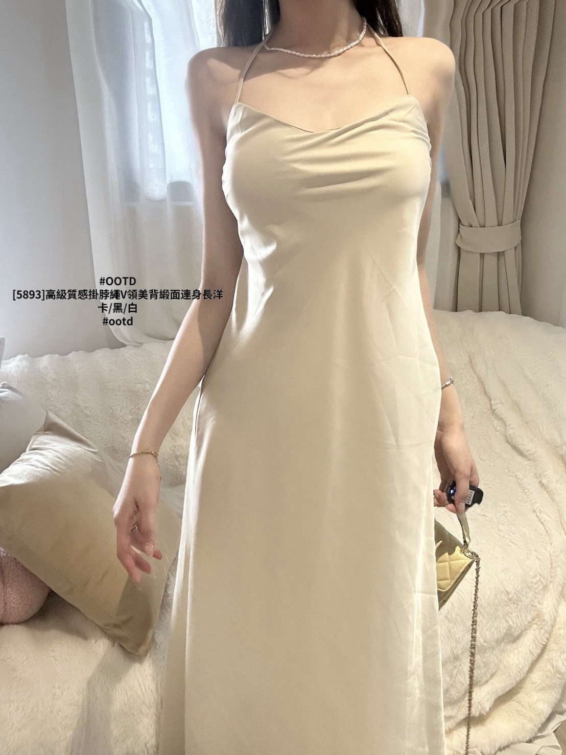 [5893]高級質感掛脖繩V領美背緞面連身長洋 (6)