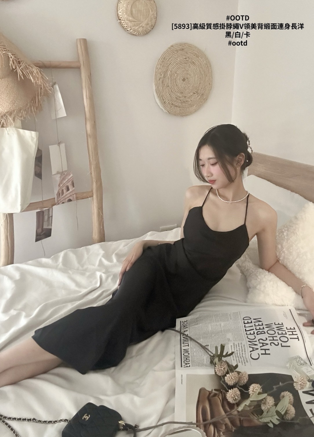 [5893]高級質感掛脖繩V領美背緞面連身長洋 (8)