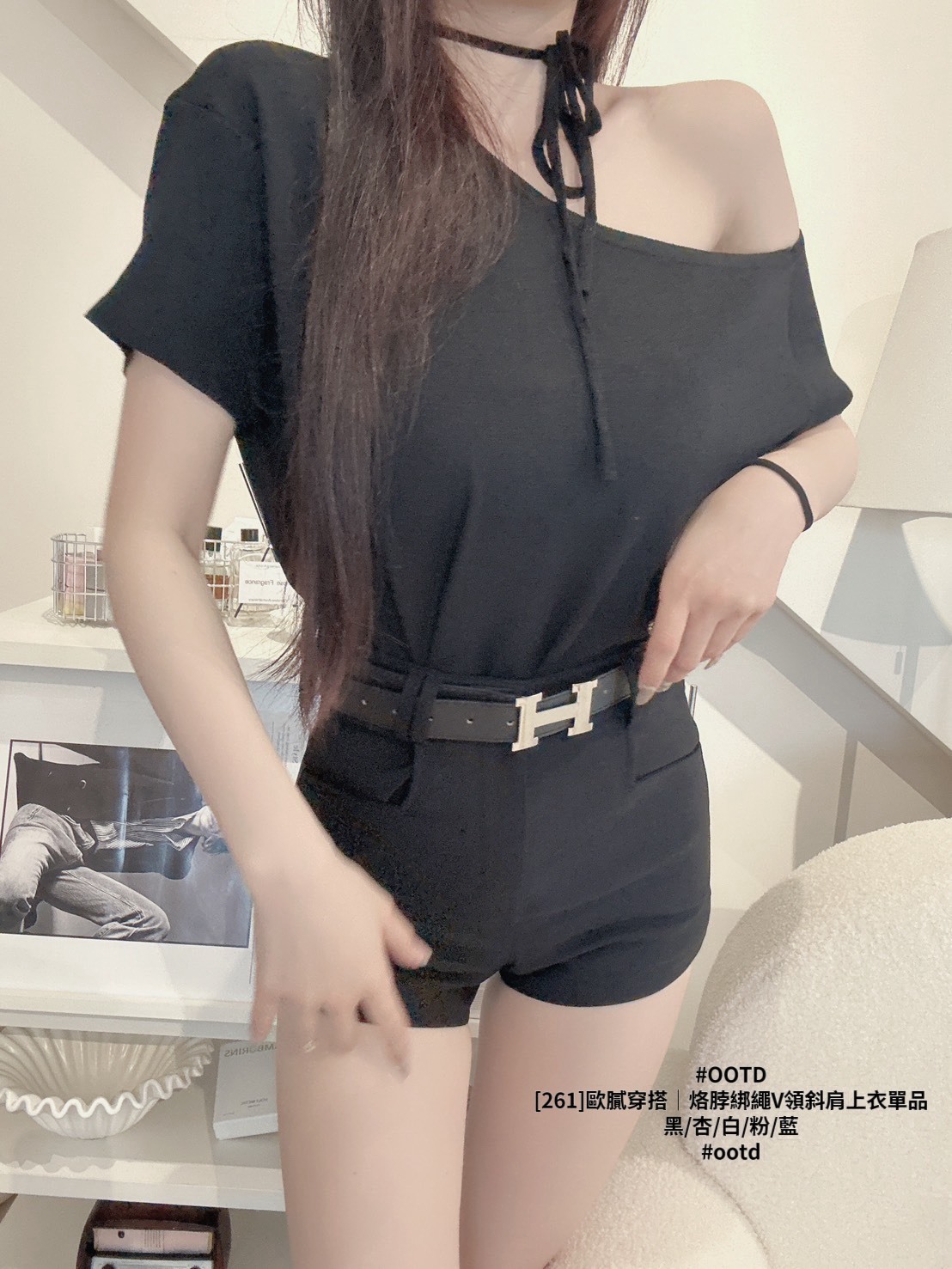 [261]歐膩穿搭｜烙脖綁繩V領斜肩上衣單品 (10)