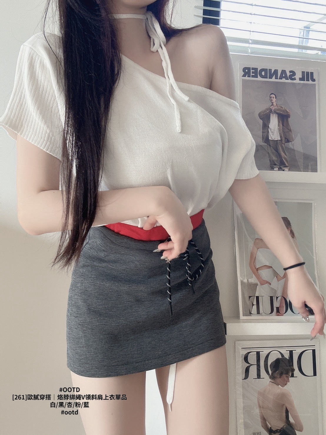 [261]歐膩穿搭｜烙脖綁繩V領斜肩上衣單品 (2)