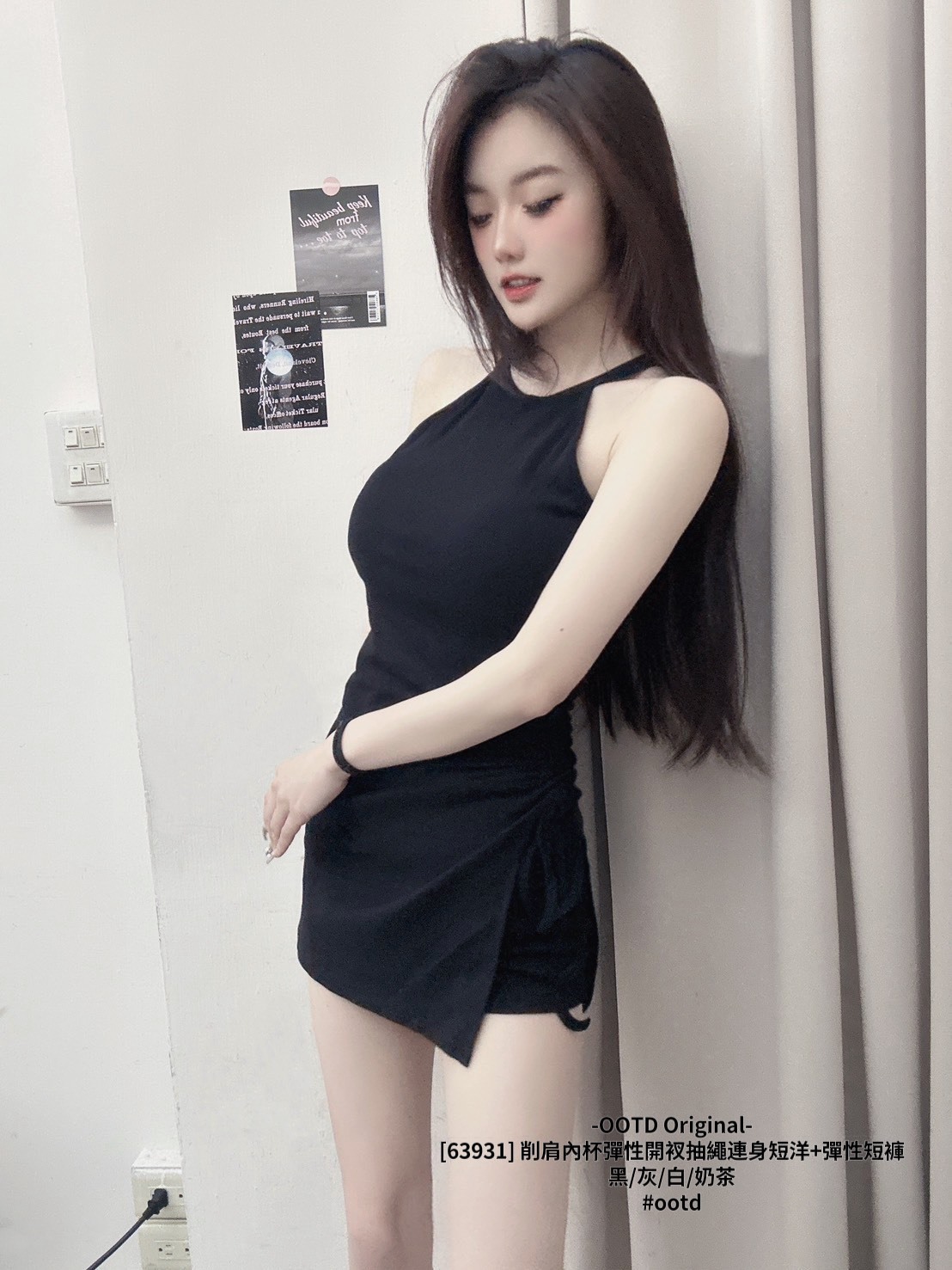 [63931] 削肩內杯彈性開衩抽繩連身短洋+彈性短褲 (7)