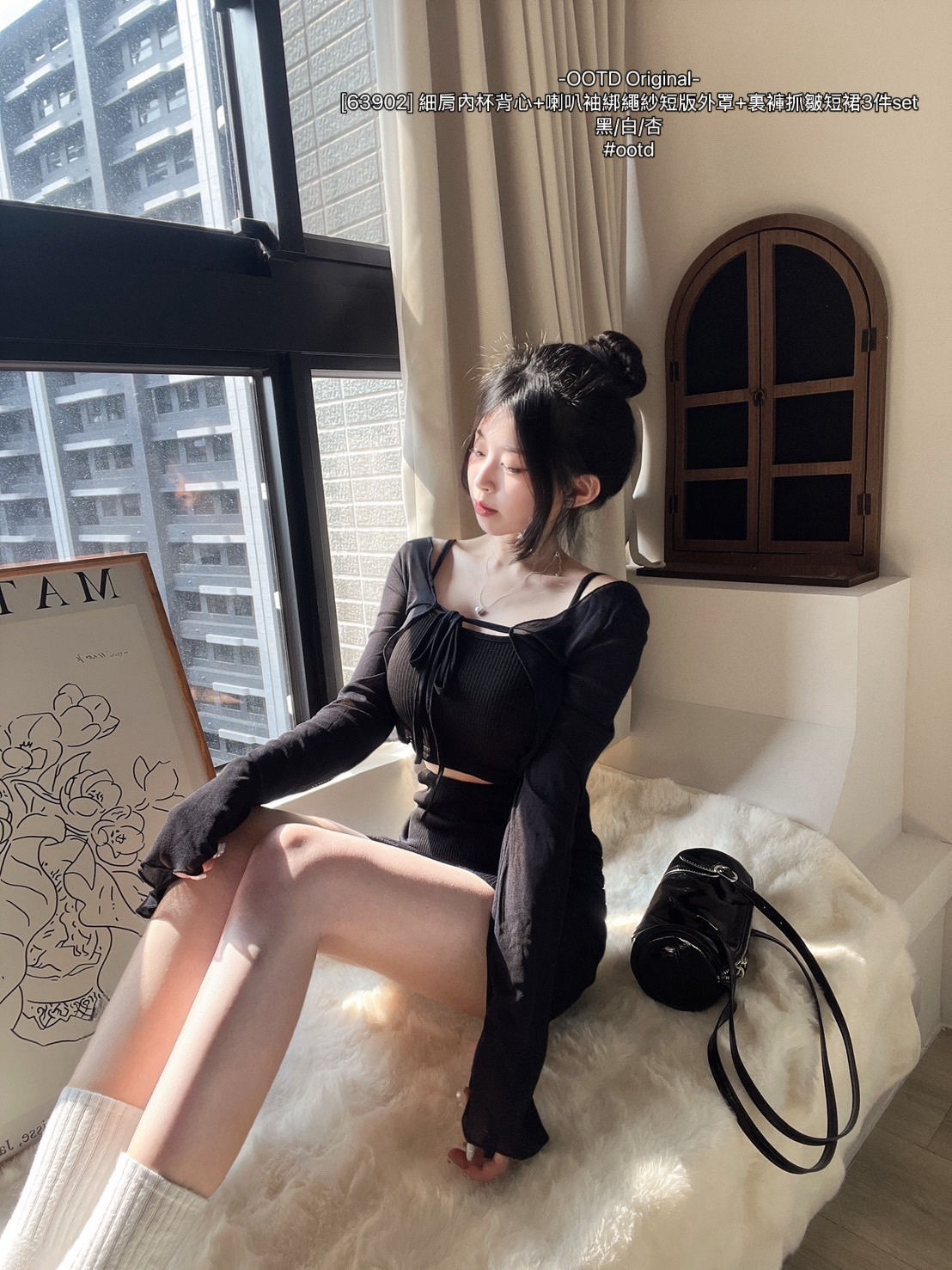 [63902] 細肩內杯背心+喇叭袖綁繩紗短版外罩+裏褲抓皺短裙3件set (3)