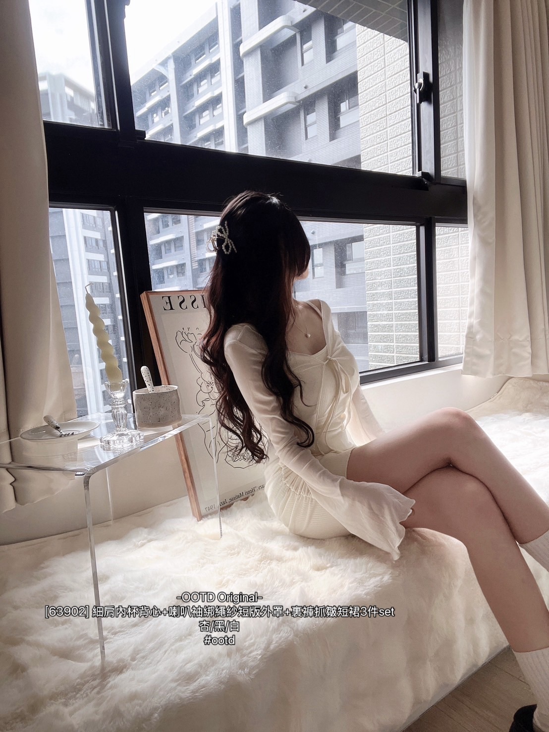 [63902] 細肩內杯背心+喇叭袖綁繩紗短版外罩+裏褲抓皺短裙3件set (4)