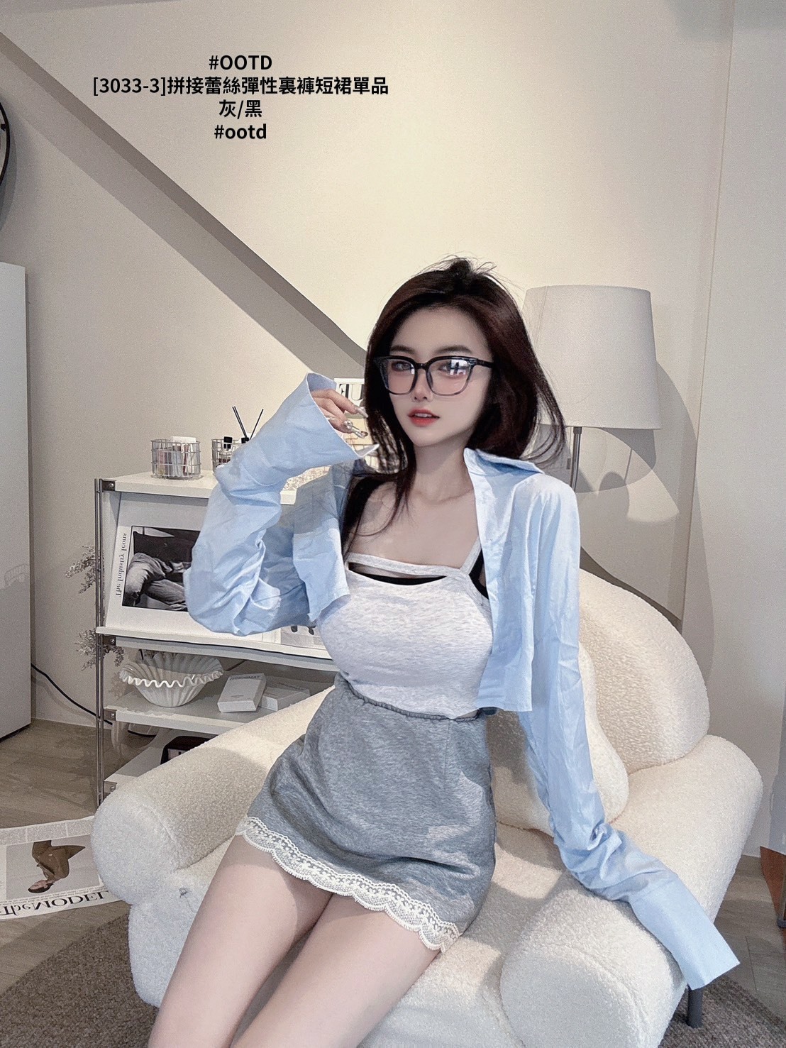 [3033-3]拼接蕾絲彈性裏褲短裙單品 (2)