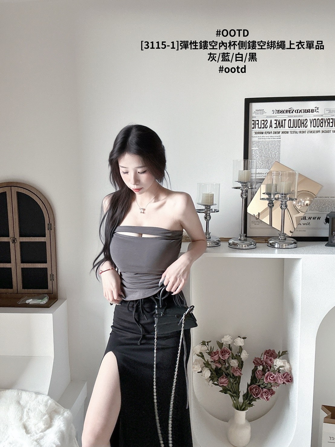 [3115-1]彈性鏤空內杯側鏤空綁繩上衣單品 (5)