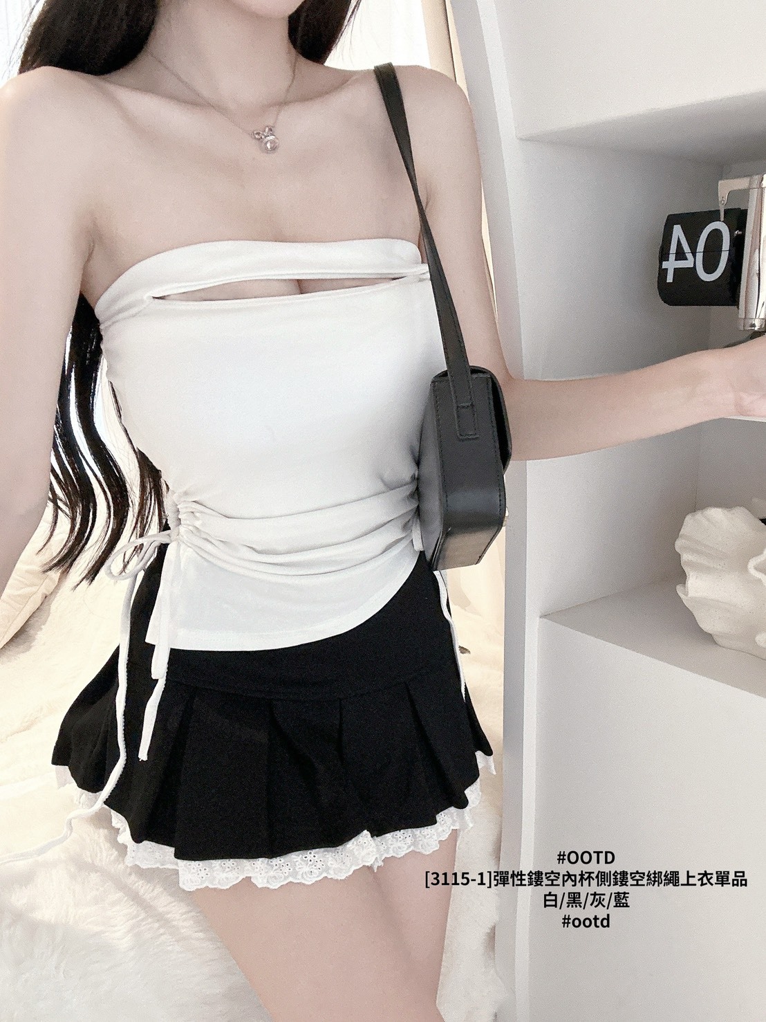 [3115-1]彈性鏤空內杯側鏤空綁繩上衣單品